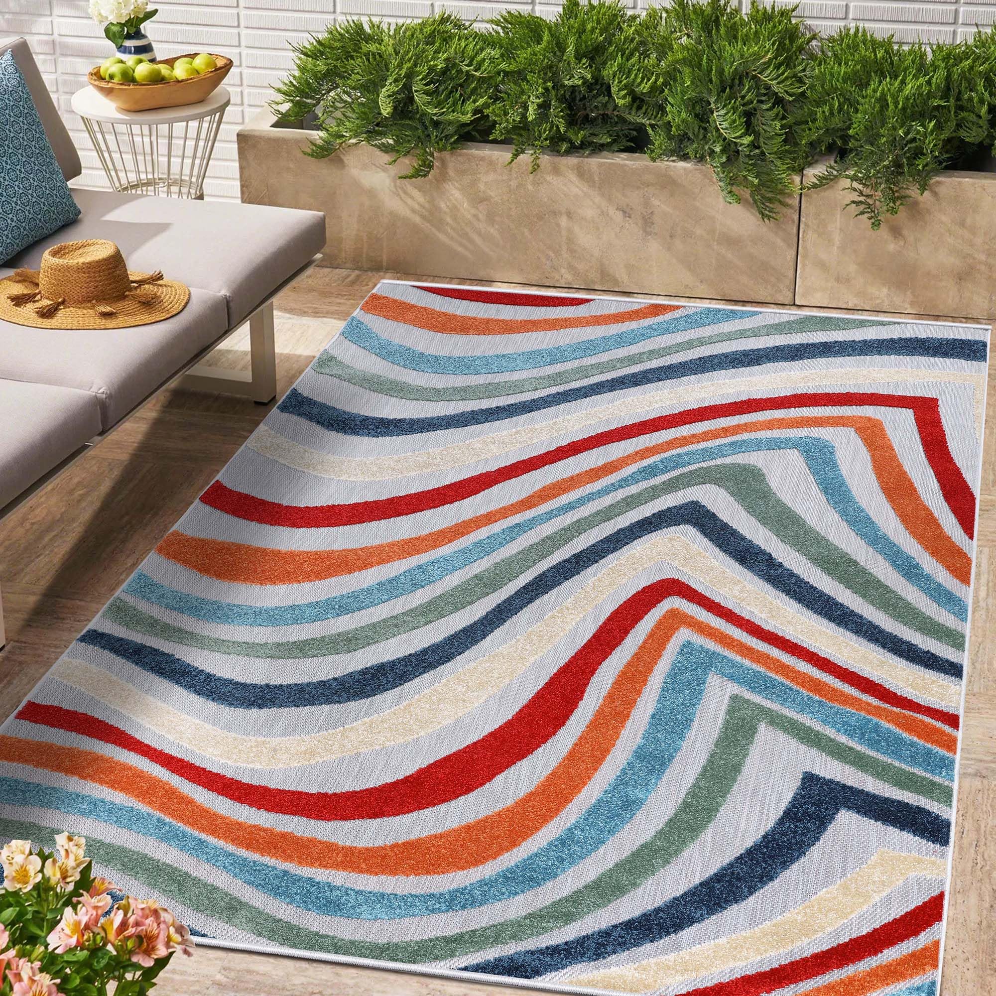 Superior Wave Indoor Outdoor Area Rug, Perfect for Patio, Poolside, Backyard, Playroom, Kitchen, Bedroom, Dining Room, Entryway, Mudroom, Coastal Striped Floor Cover, 5' 6" x 8', Multicolor