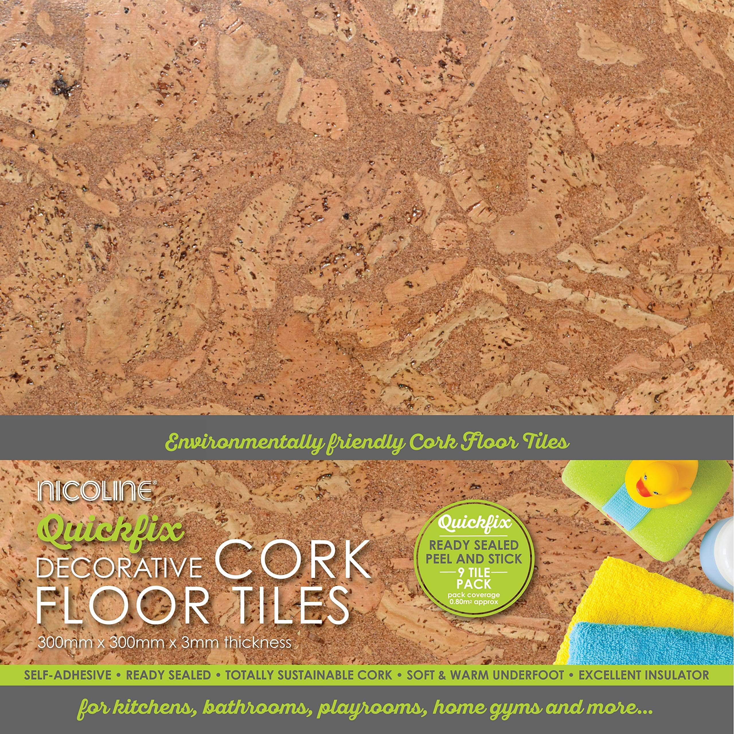 DECORATIVE 3mm Self-Adhesive Cork Floor Tiles (0.80m2)