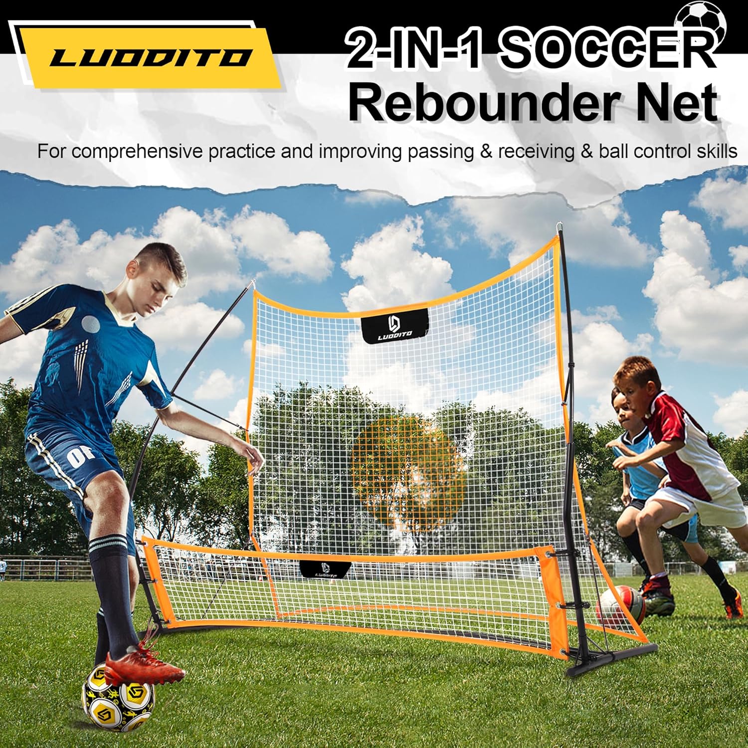 Soccer Rebounder Net, 2-in-1 Soccer Trainer, Soccer Training Equipment for Solo Passing Volley Control Practice, 6'x4.7' Large & 6'x16 Small Soccer Bounce Back Net with Ball, Carry Bag, Cones