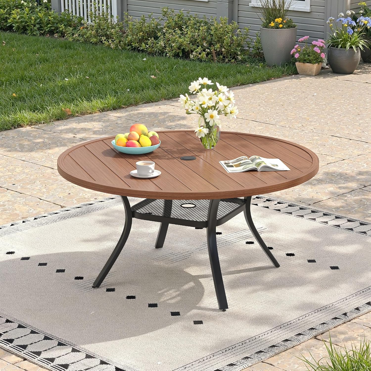 47.2" Patio Dining Table for 6, Round Outdoor Metal Dining Table with Umbrella Hole for Lawn Garden Backyard, Walnut