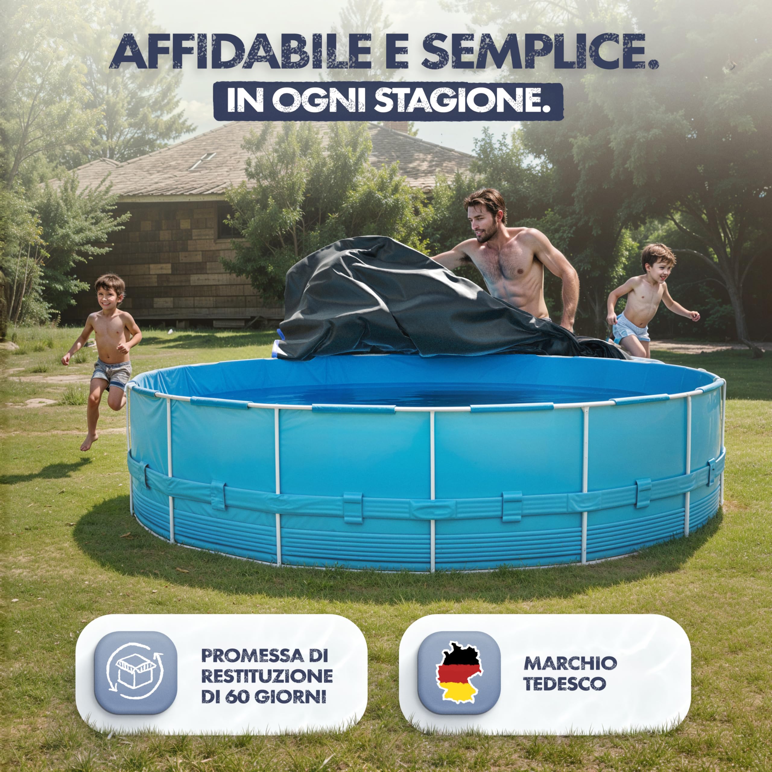 Copertura per piscina 320-366 cm (Ø 420 cm), 200 g/m², Adatto per Intex | Telo spesso blu/nero con materiale di fissaggio, adatto per piscine Intex e Bestway, diametro