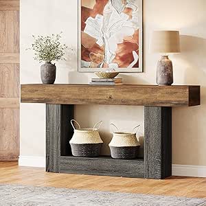 Tribesigns 63-Inch Long Console Table, 2-Tier Entryway Sofa Table with Storage, Farmhouse Rustic Brown & Gray
