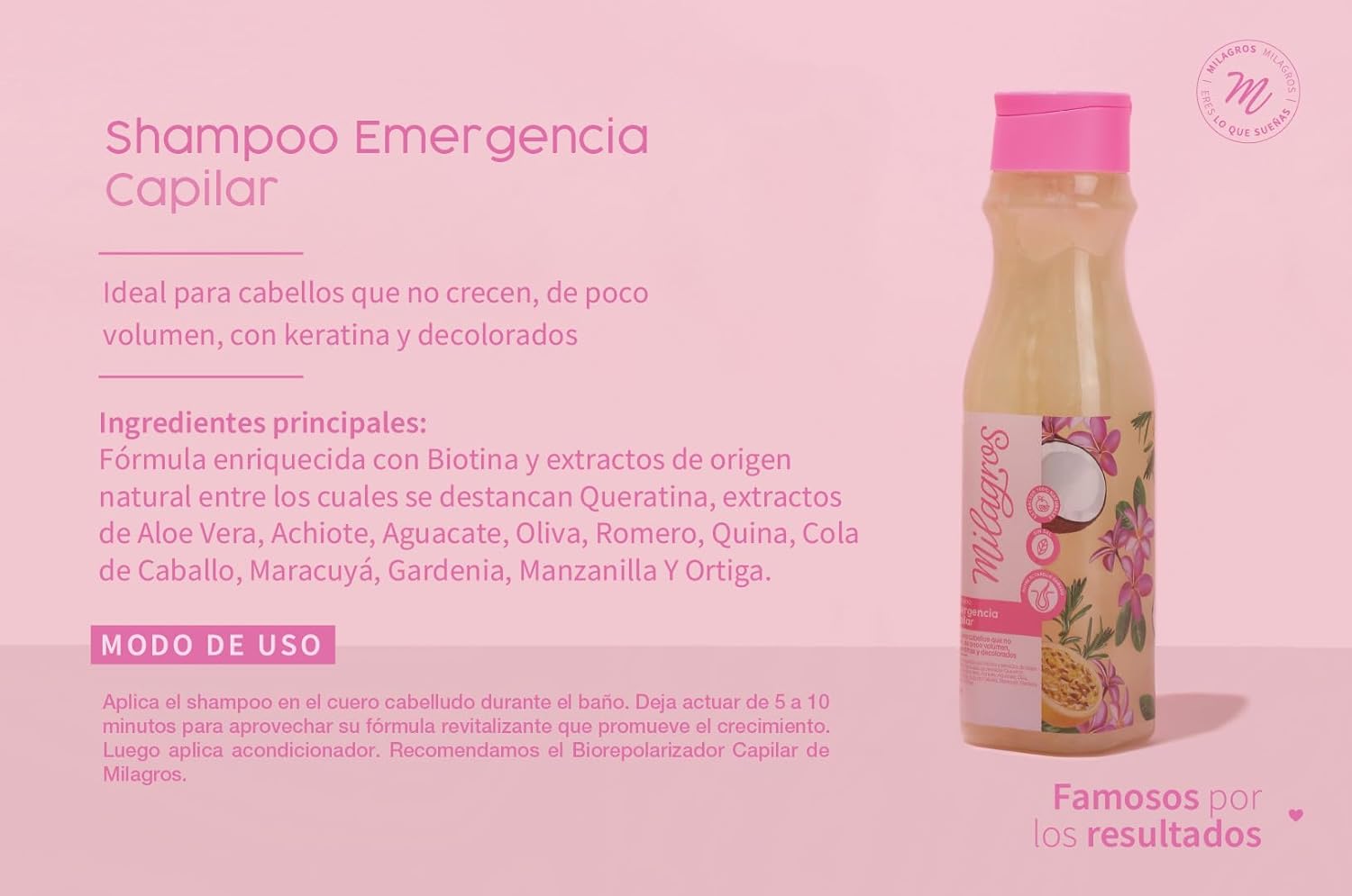 Generic Emergencia Capilar Kit of 2 Milagros Colombian Hair Care Products Shampoo and Treatment for Natural Growth, Strengthening, and Repair, 100% Natural, Pink - Image 2