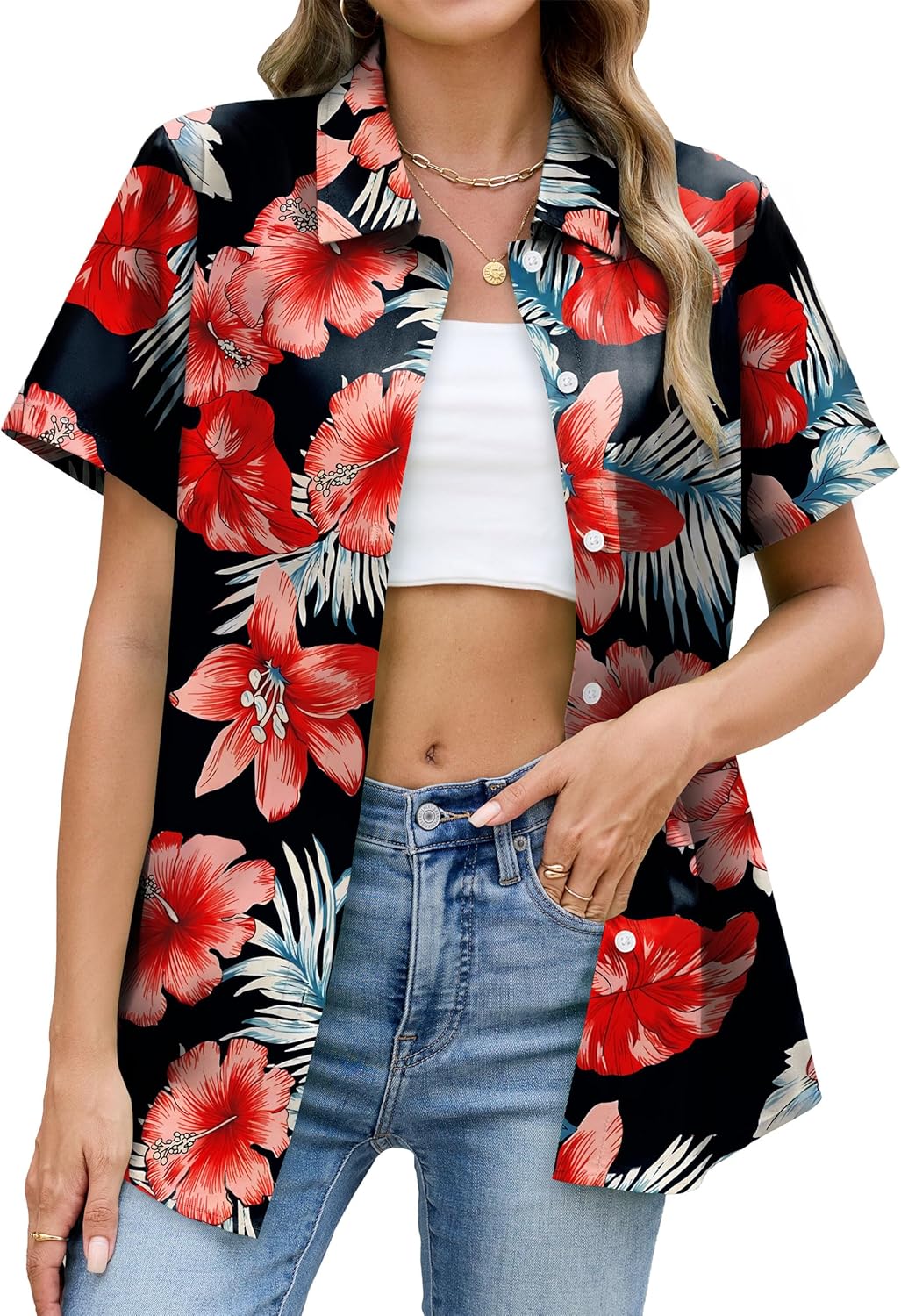 Hawaiian Shirts for Women Floral Short Sleeve Button Down Shirt Summer Tropical Beach Tops