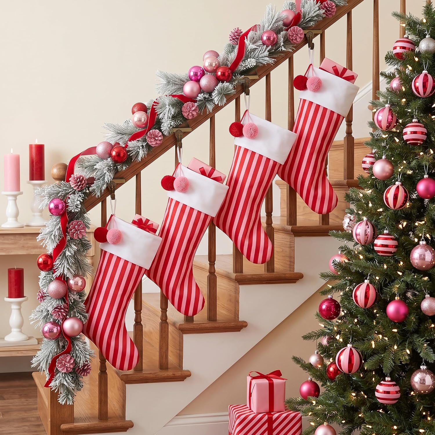 Hahafelt Pink Red Striped 4 Pcs Christmas Stockings 18" with Pom Pom
