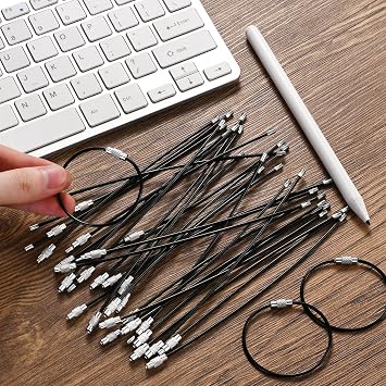 Steel Wire Keychain,Plastic Coated Metal Key Ring Loop,Luggage Tags Loops,2mm Twist Barrel,5.9 in,Black, Black, S