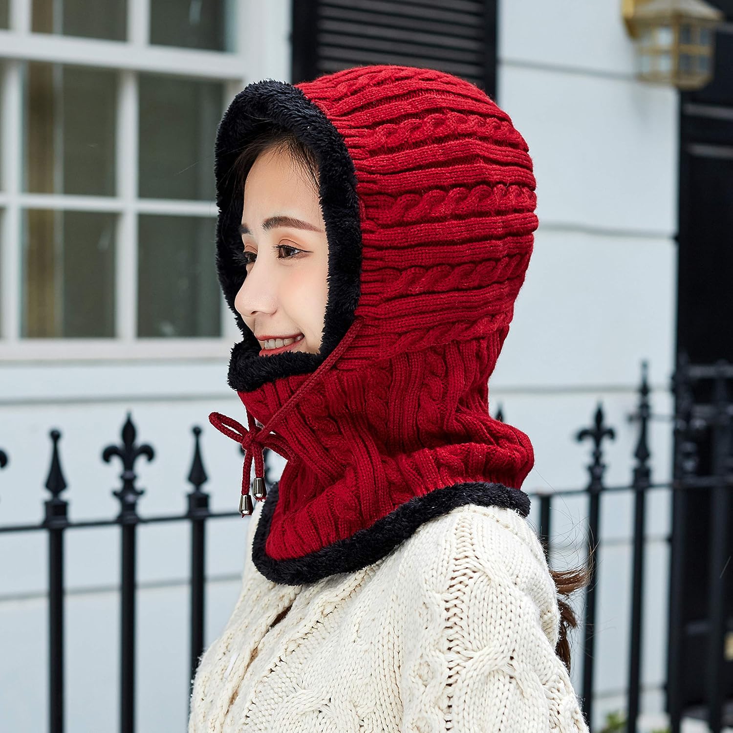 Women Winter Beanie Hats One-Piece Fleece Lined Knit Balaclavas Mask Set Skull Neck Circle Scarf Ski Snow Hat Cap with Pompom - Image 2