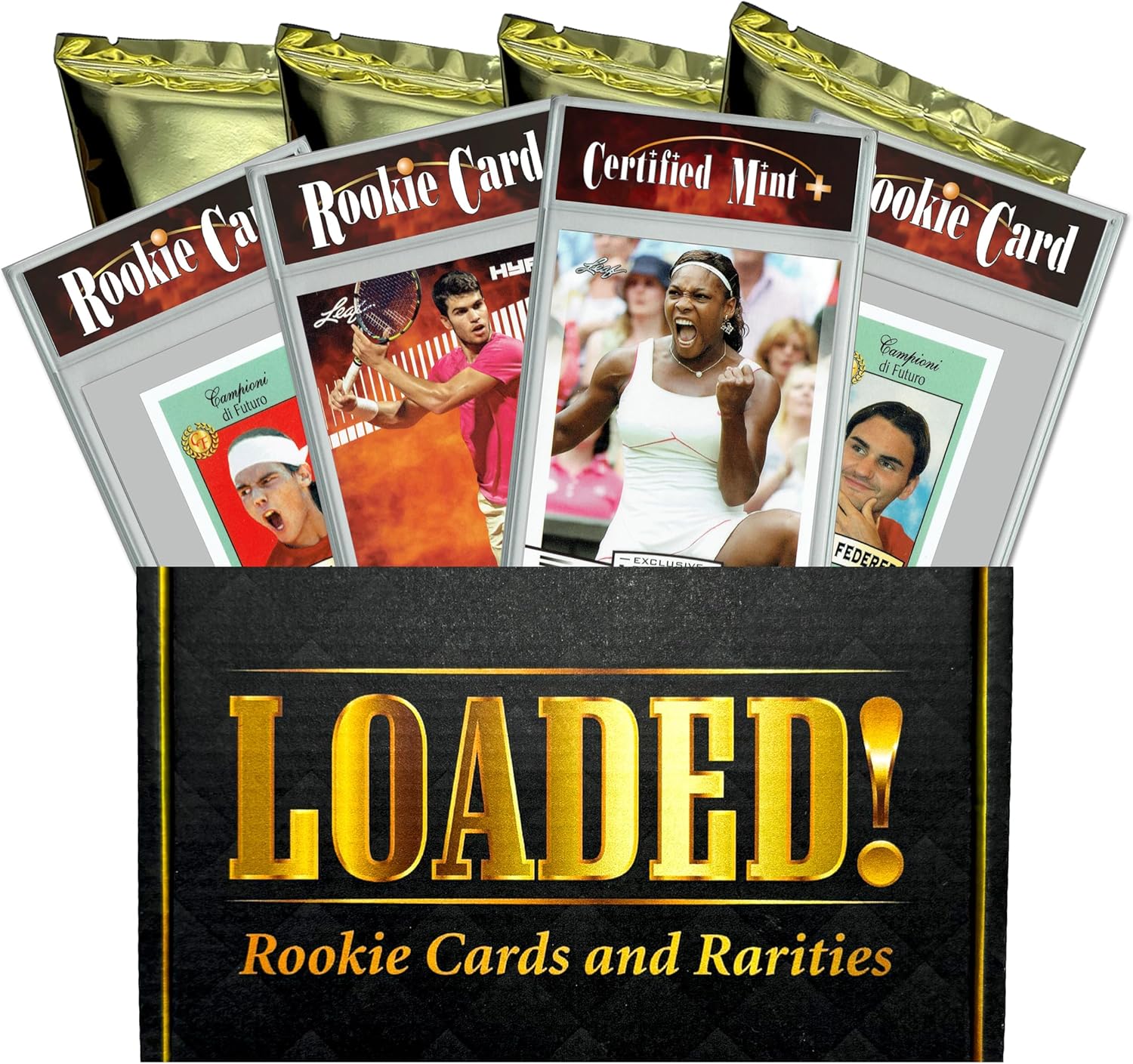 LOADED! Pro Tennis Collector's Box: 4 Certified Mint+ Rookie Cards - Carlos Alcaraz, Jannik Sinner, Novak Djokovic, Serena Williams, Roger Federer, Rafael Nadal