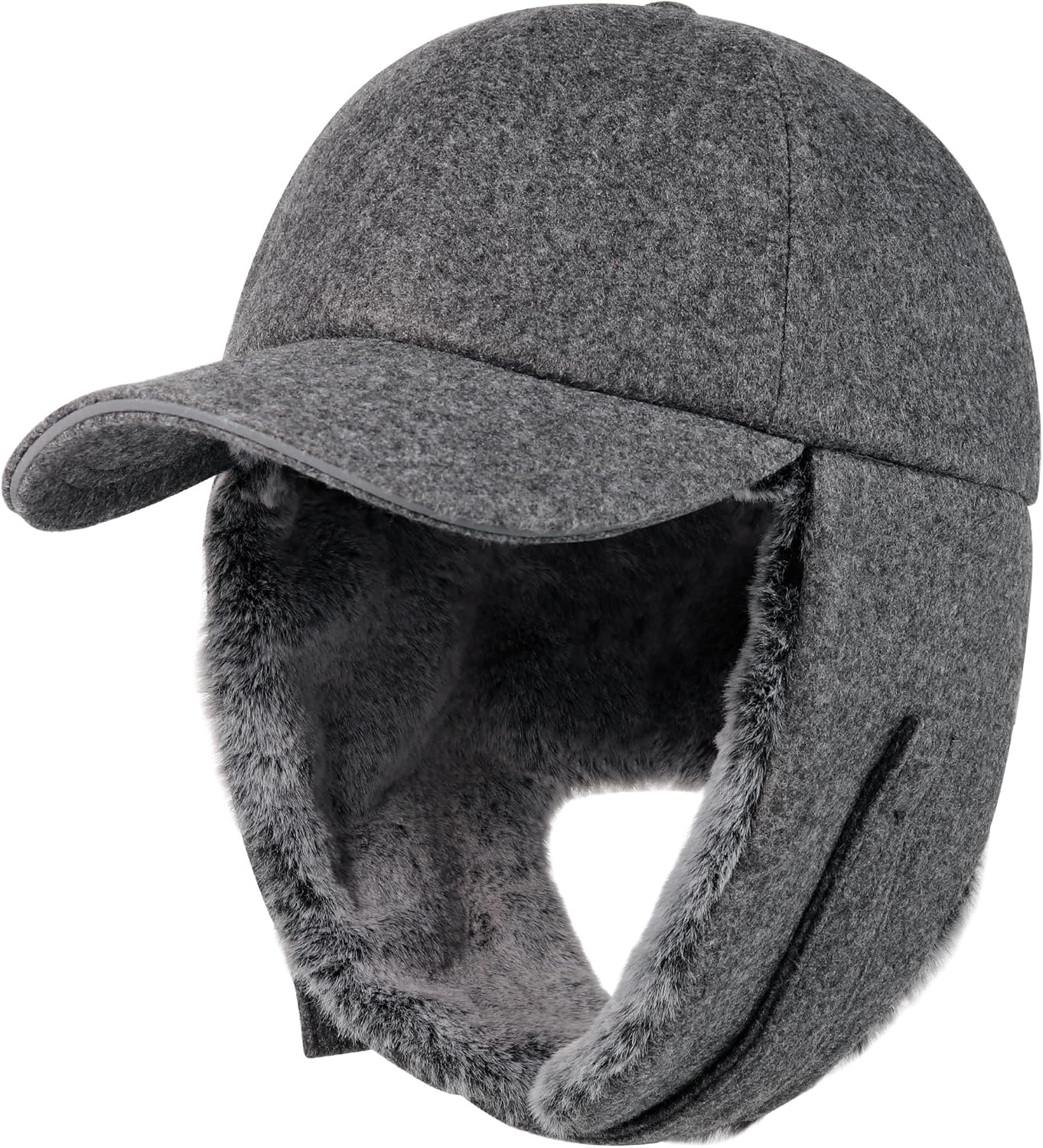 Gisdanchz Faux Fur Lined Wool Blend Baseball Cap with Long Earflaps, Baseball Cap Style Bomber Hat for Cold Weather