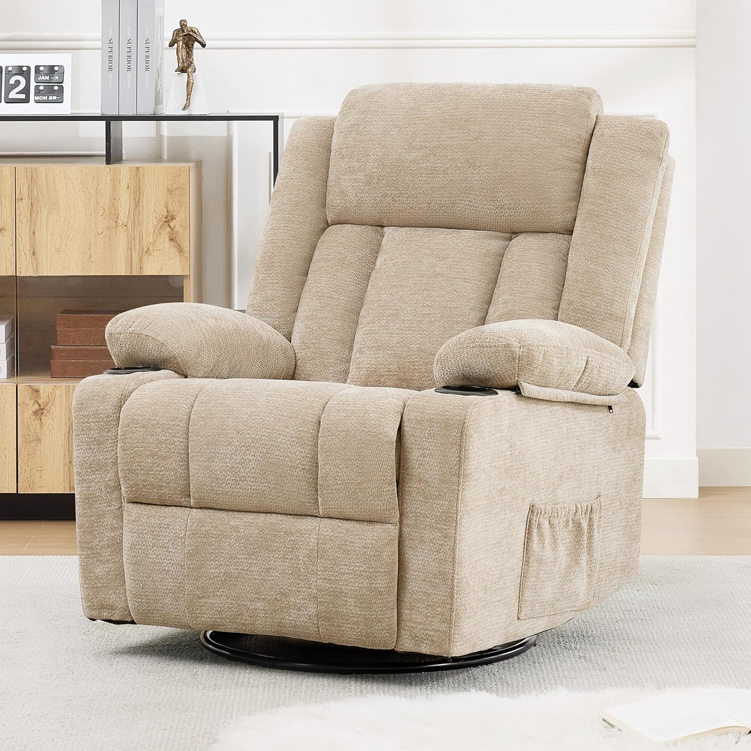 Swivel Rocker Recliner, Lazy Boy Recliner Chair with Cup Holders, 360 Degree Rotating Nursery Rocking Chair, Manual Glider Recliner for Living Room (1, Brown)