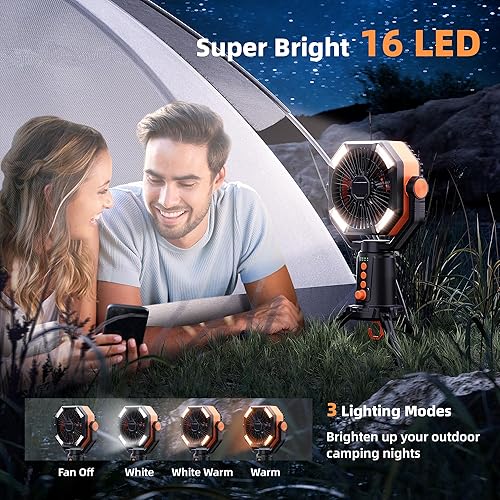 Miniatura 3 de MORIKO Trípode de ventiladores de mesa, 20000 mAh, recargable, funciona con pilas, ventilador portátil para tienda de campaña con linterna LED,