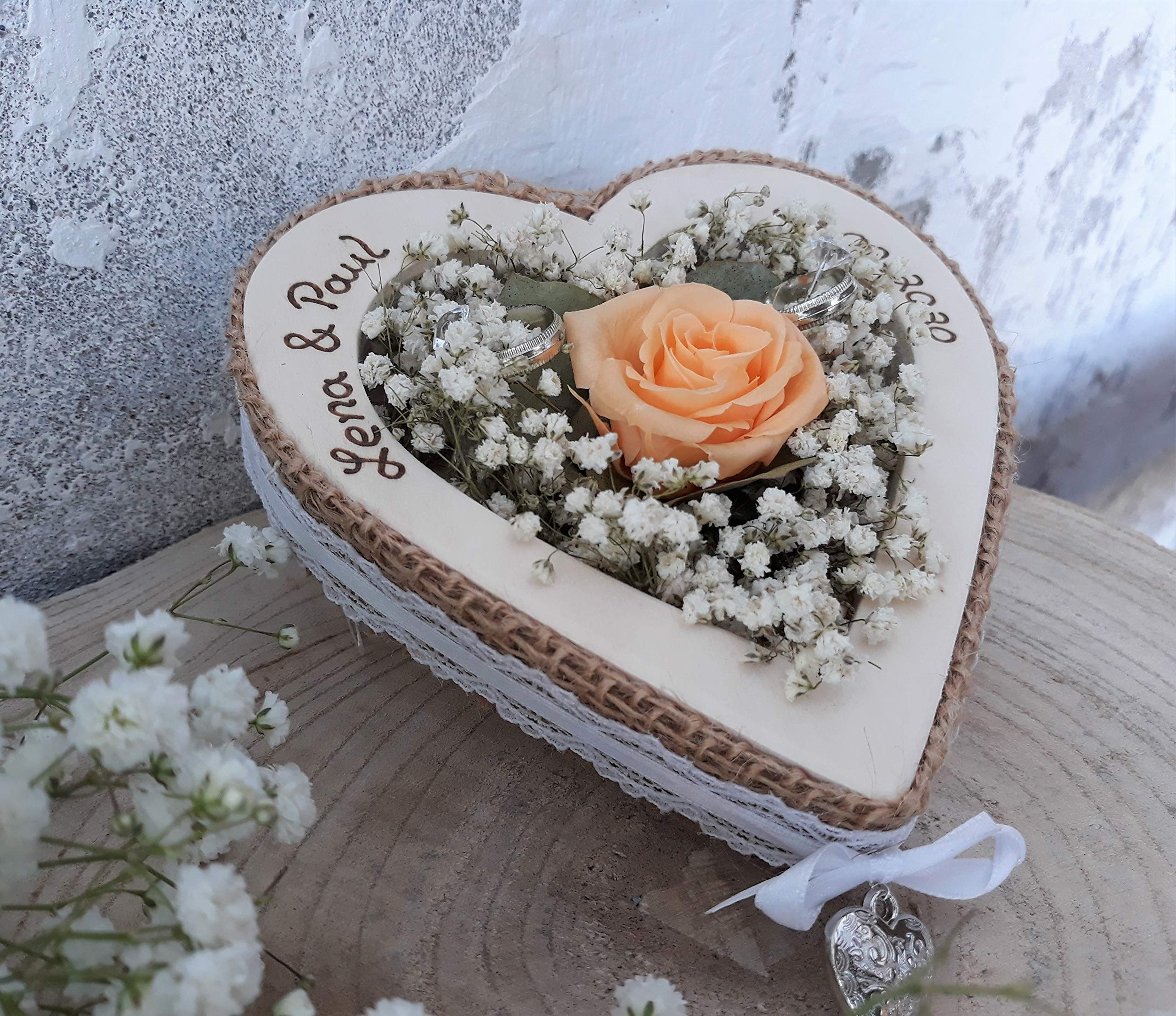 Hochzeit Ringkissen Ringhalter Herz Rose Loveliness apricot für Eheringe mit Namen