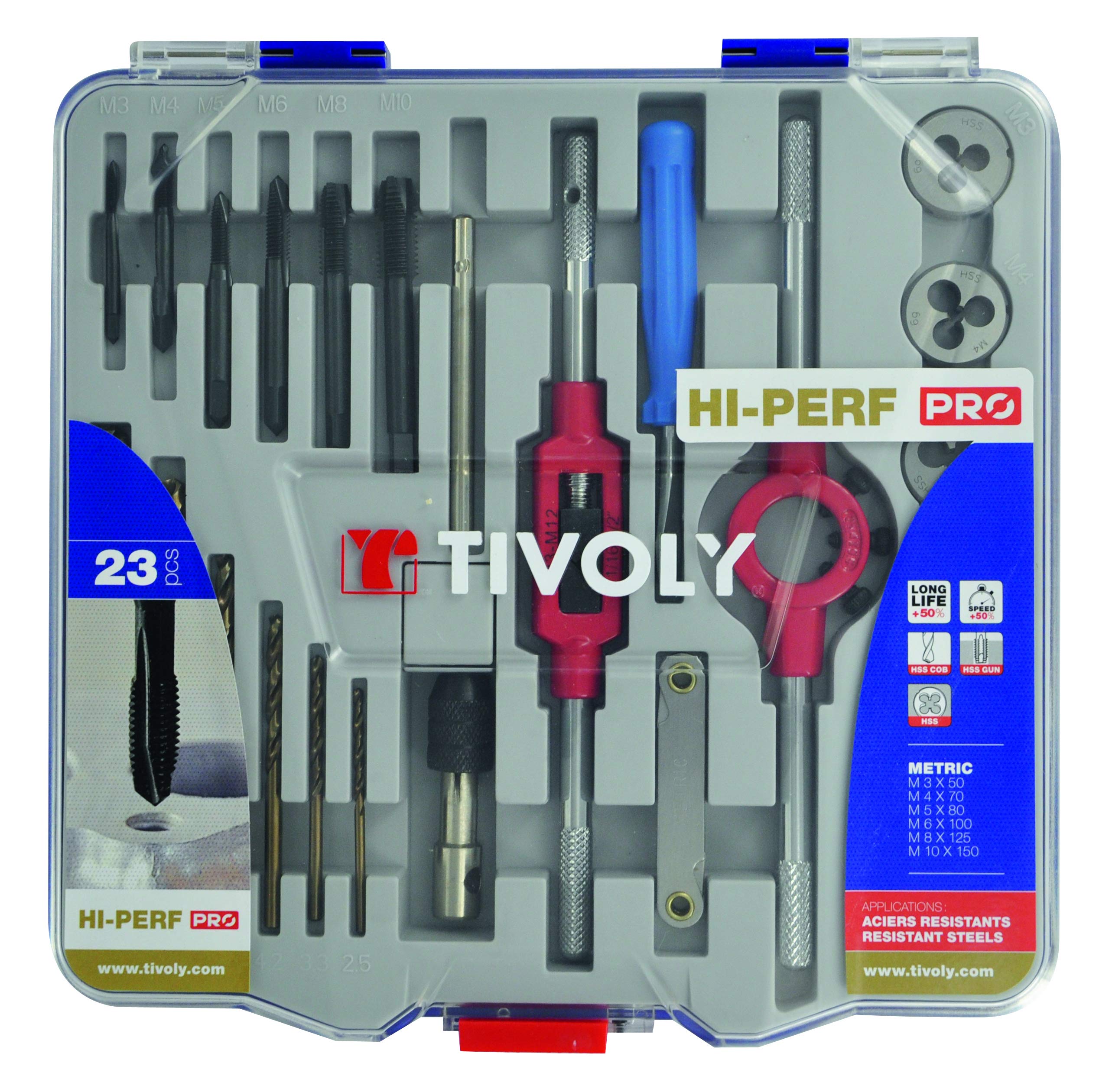 Tivoly 11900870016 MTF23 - Maletín con 23 brocas para taladro, DIN 352, incluye 6 brocas, 4 accesorios M3 a M10 y 6 brocas metálicas HSS Cobalt