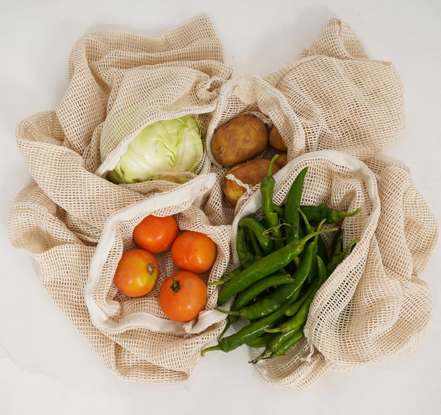 Reusable Cotton Mesh Bags Organic Cotton, Washable & Durable Grocery Bags with Drawstring Mesh Storage Bags for Fruits, Vegetables & Shopping (3 Medium (10 in x 12 in))