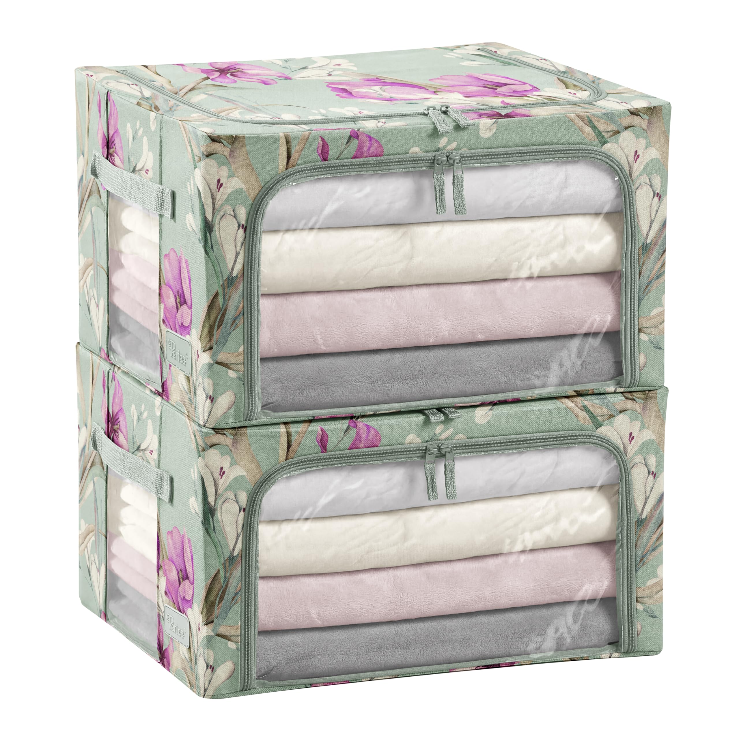 Periea Beau 2 Pack Storage Boxes 33L (40x33x25cm) – Collapsible Stackable Fabric Organisers Storage Bags with Steel Frame, Front Window & Top/Front Zip Access – (Green Floral)