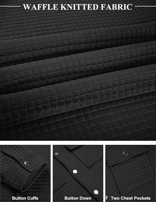 COOFANDY Men's Quilted Shirt Jacket Fashion Shacket Waffle Jackets Button Down Overshirts Casual Jacket Outerwear Black L by COOFANDY - Image 4
