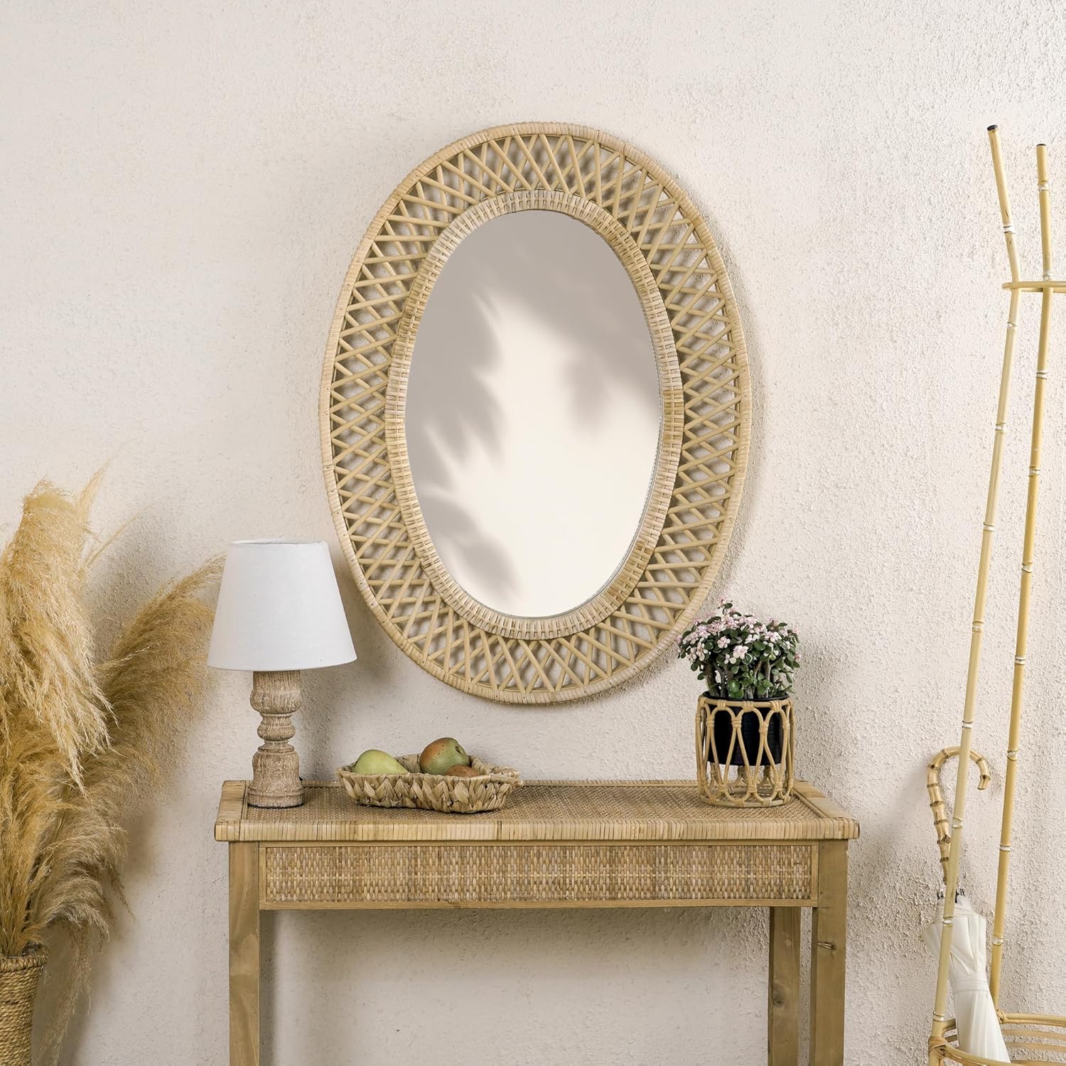 Oval Rattan Wall Mirror – 24x32 Inch Boho Elegance with Woven Frame, Decorative Mirror for Bathroom Vanity Entryway Living Room