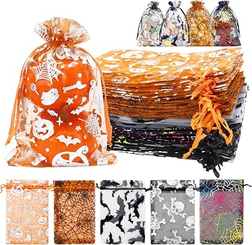 Halloween Organza Bags, Organza Bags 4x6, 100 PCS Halloween Drawstring Gift Goodie Treat Bag, Small Mesh Bag Drawstring, Small Mesh Gift Pouches Jewelry Mini Candy Pouch for Halloweens Party Supply