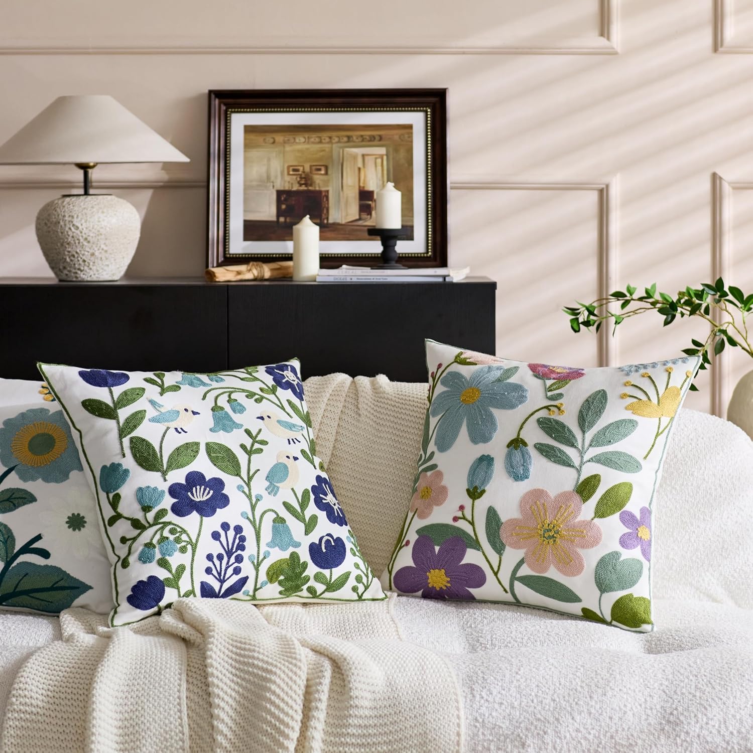 Embroidered Flower Spring Throw Pillow Covers 18x18 Set of 2, Farmhouse Floral Decorative Cushion Cases with Zipper for Rustic Couch Bed Aesthetic (Bird Flower Cluster, 18" x 18" (Pack of 2))