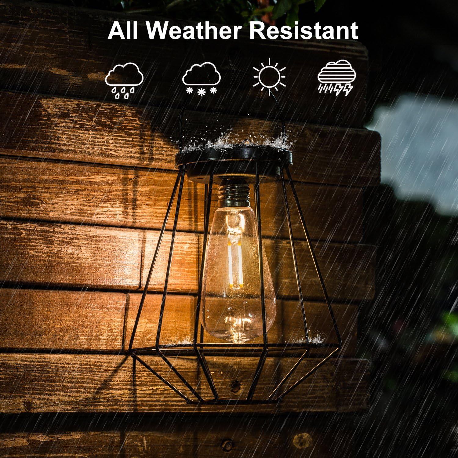 A SUNWIND solar lantern mounted on a wooden wall, with rain effects indicating its weather-resistant design.