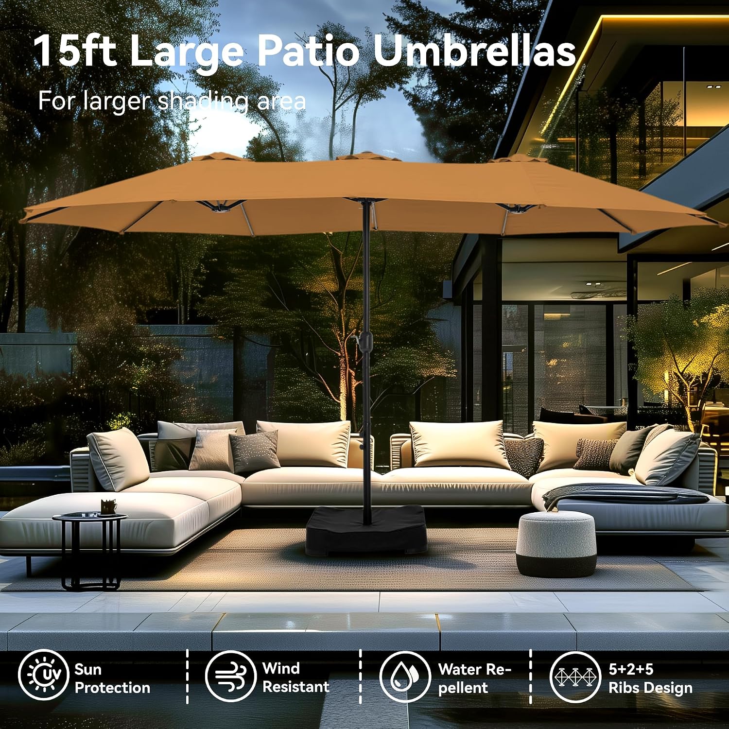 PHI VILLA 15ft Large Patio Umbrellas with Base, Outdoor Double-Sided Rectangle Market Umbrella for Pool Lawn Garden, Tawny