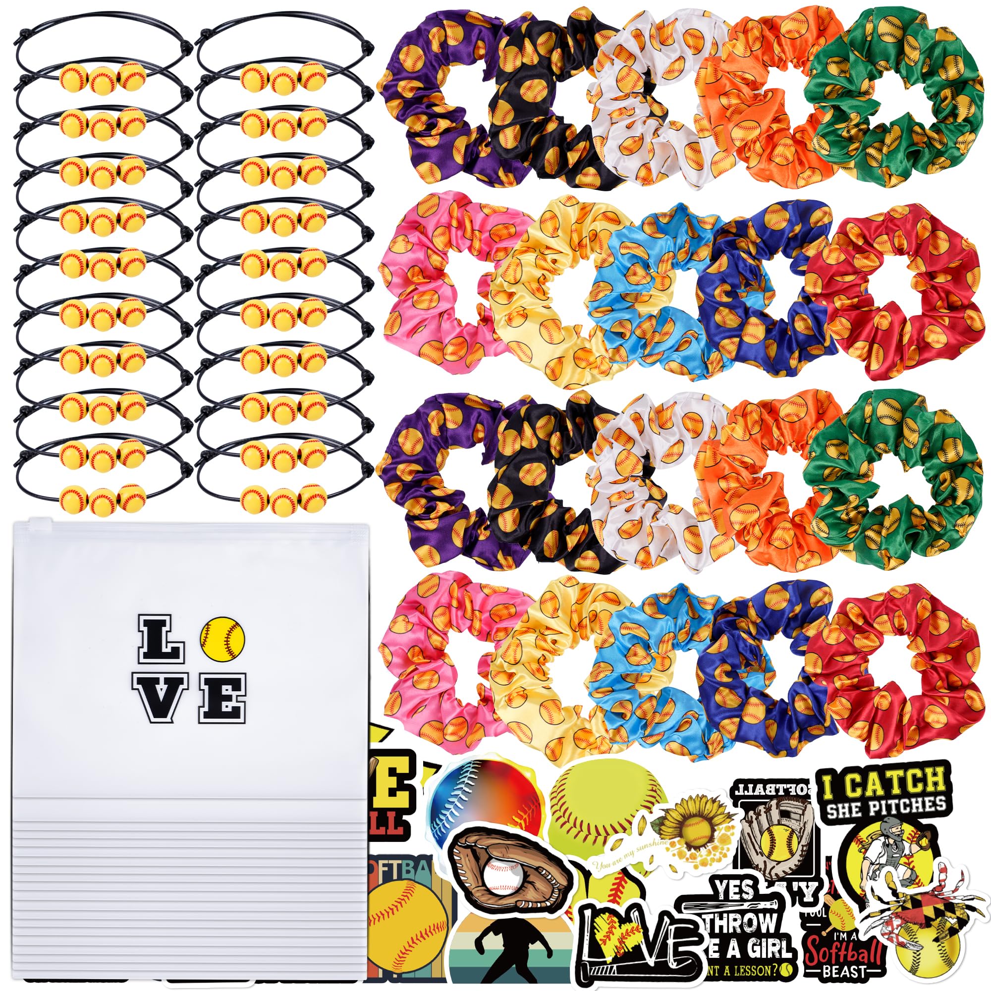 Kolewo4ever Softball Party Favors Set with Scrunchies, Bracelets, Cosmetic Bags and Stickers