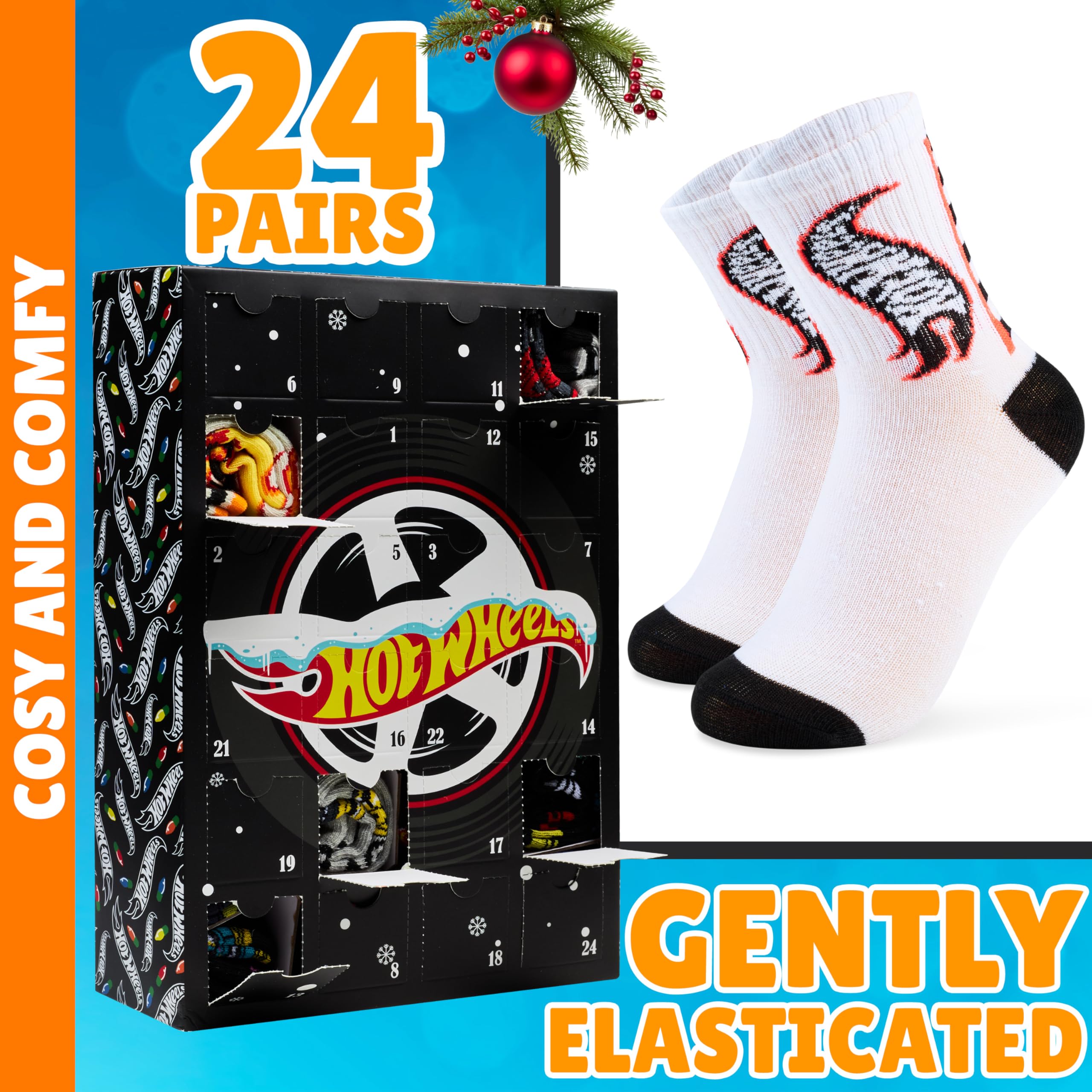 Get Trend Hot Wheels Socken Adventskalender Kinder 2025, 24 Paar, 27-32, Bequem & Weich, Countdown Weihnachten Kalender, Gamer Geschenke für Jungs (Schwarz Hot Wheels)