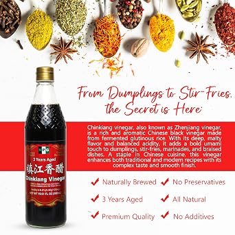 NPG Chinkiang Vinegar 19.61 Fl Oz (580ml), 3 Years Aged Zhenjiang Black Rice Vinegar, Naturally Brewed Chinese Black Vinegar For Dumplings, Xiao Long Bao, Sushi, Salad, Marinade, Stir Fry