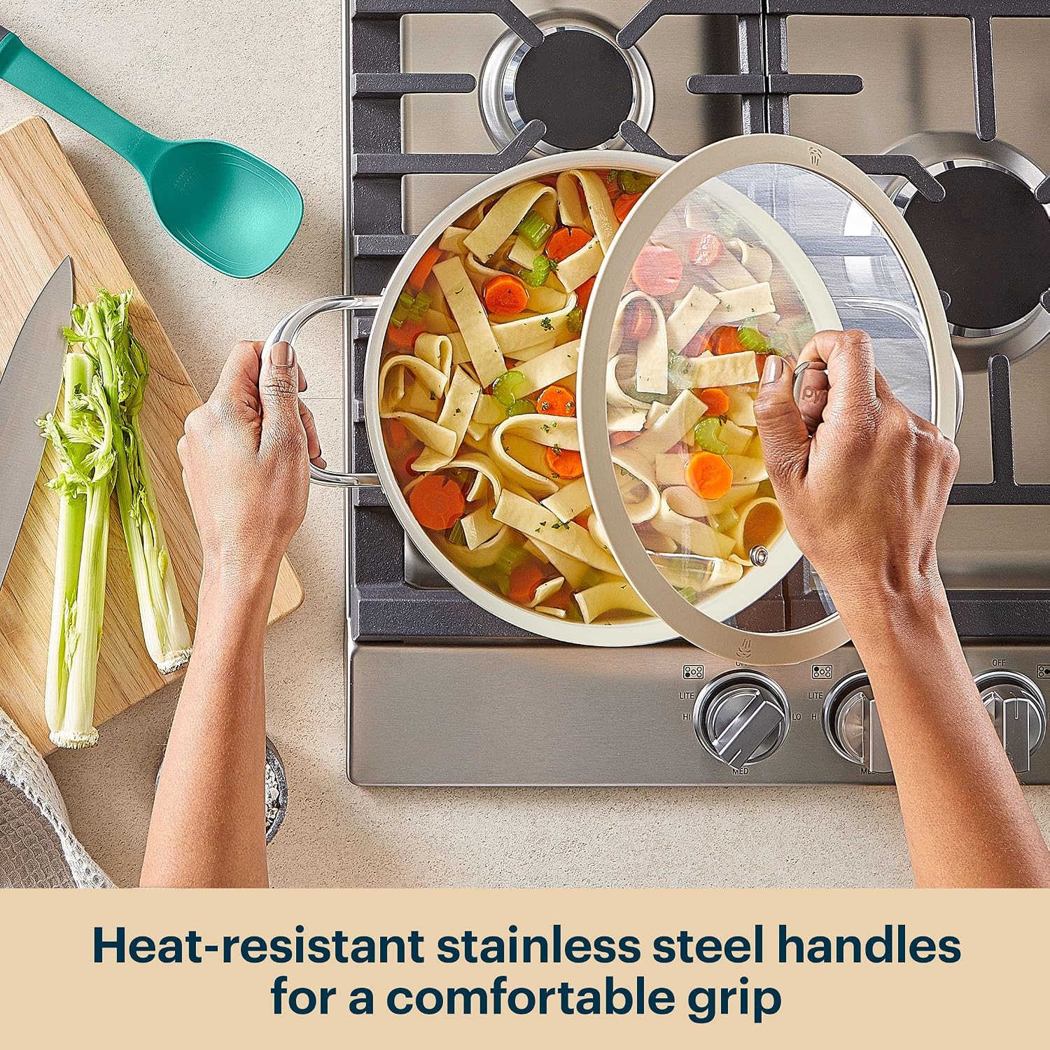Pyrex 10-Inch Stock Pot Ceramic Cookware with Lid & Stainless Steel Handles, Healthy Nonstick Ceramic Coating, Induction Compatible Stainless Steel, PFAS Lead Cadmium BPA Free