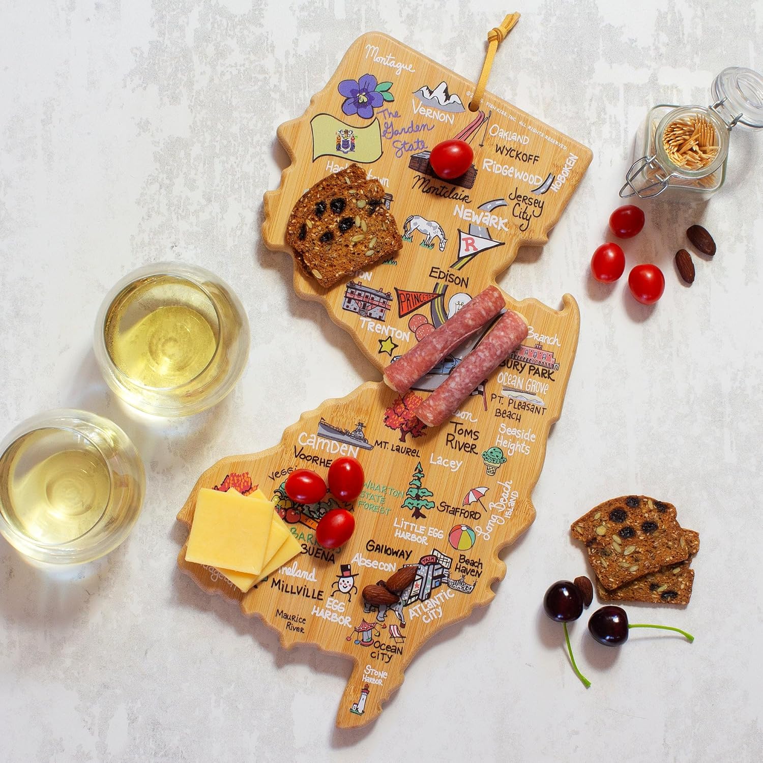 Totally Bamboo New Jersey State Shaped Cutting Board and Charcuterie Serving Platter with Artwork by Fish Kiss, Includes Hang Tie for Wall Display - Image 3