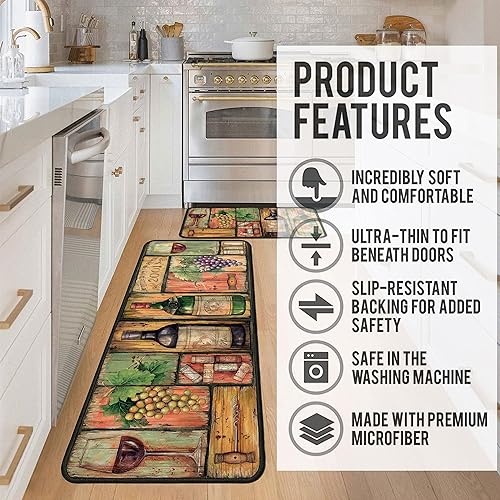 Miniatura 5 de Juego de 2 alfombras de cocina para vino, antideslizantes, lavables, absorbentes, de microfibra, para el frente del fregadero, para estar de pie