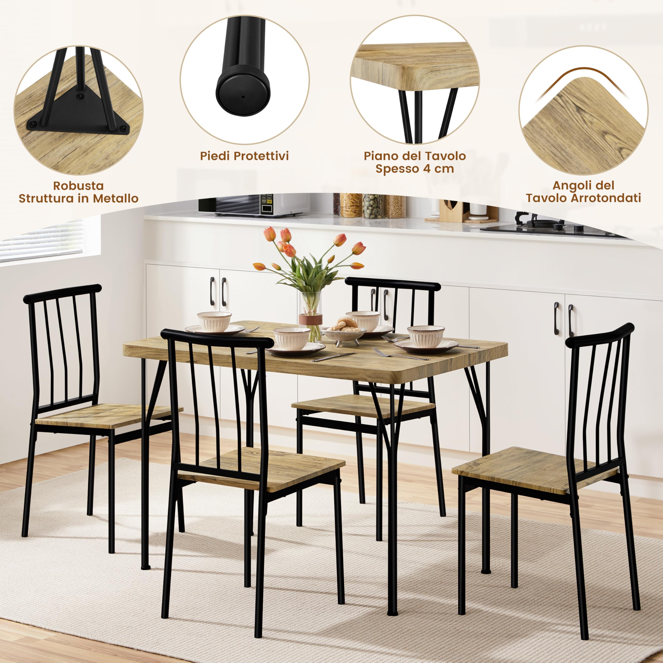 Yaheetech Tavolo da Pranzo con 4 Sedie Industriale Set 5 Pezzi Mobili da Bar Cucina Soggiorno Retro Salvaspazio in Legno e Metallo Marrone Tavolo 110x70x76.5cm Piano Spesso 4cm