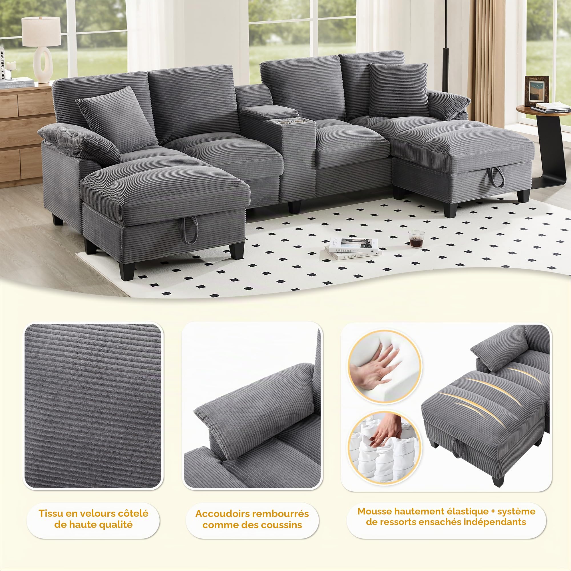 Merax Canapé d'angle 4 places en forme de U avec espace de rangement, tissu côtelé surdimensionné et coussin, porte-gobelets en acier inoxydable et deux ports USB, grand canapé pour salon, chambre à