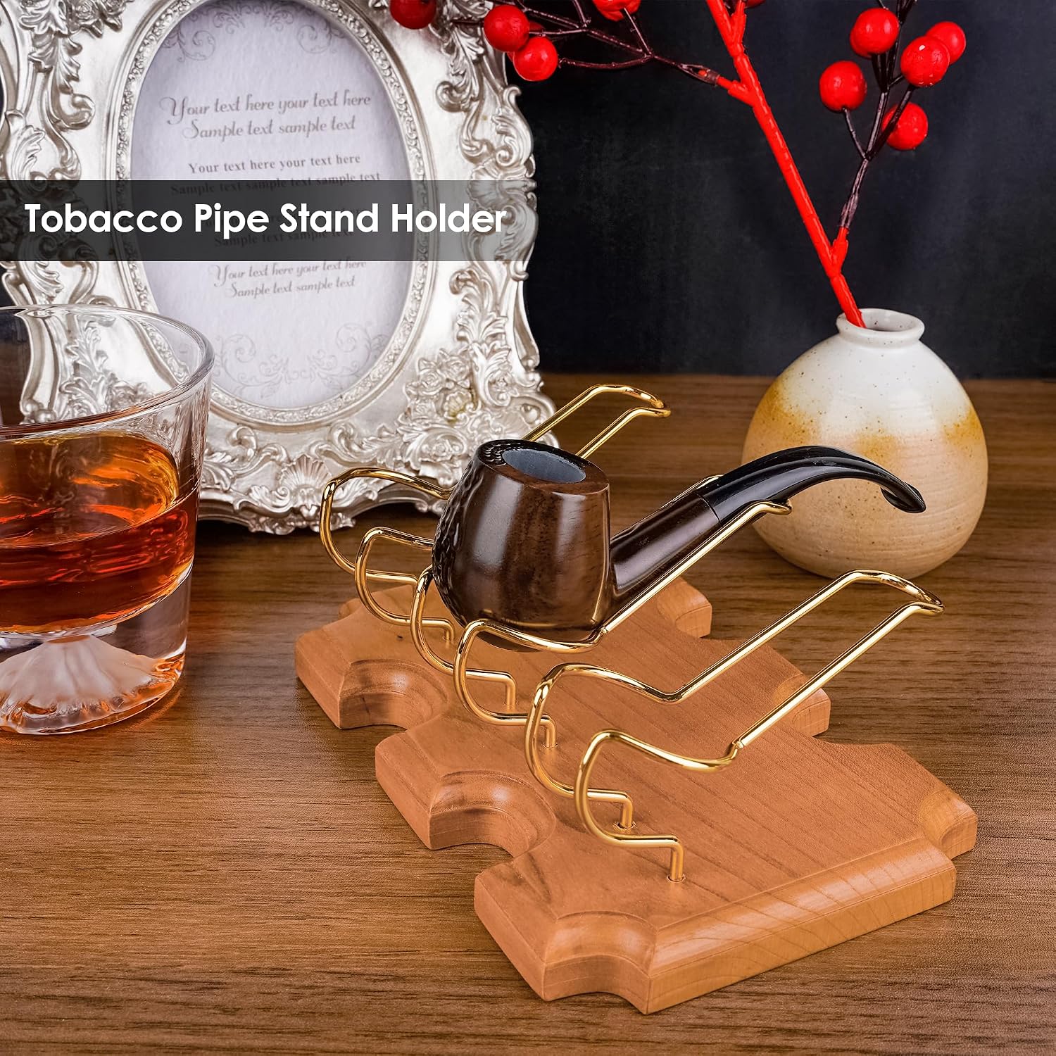Wooden Tobacco Pipe Stand Holder with 3 Display Metal Slots, Family Home Pipe Accessories for Tobacco