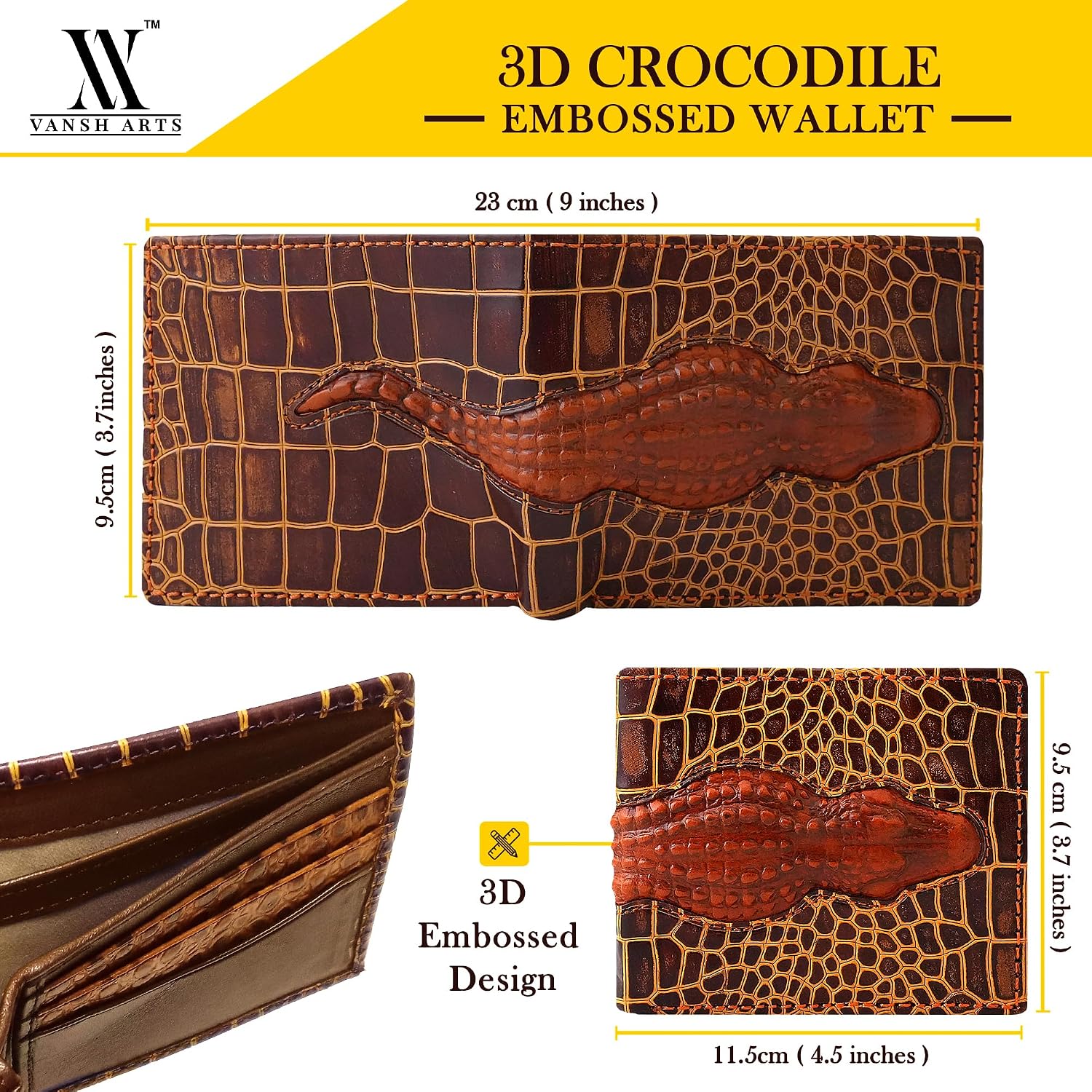 Men's RFID Blocking Leather Wallet - Luxurious Handmade Crocodile Pattern Bifold with 3D Embossed Design, Premium Full Grain Leather, 6 Card Slots (Brown - Pattern)