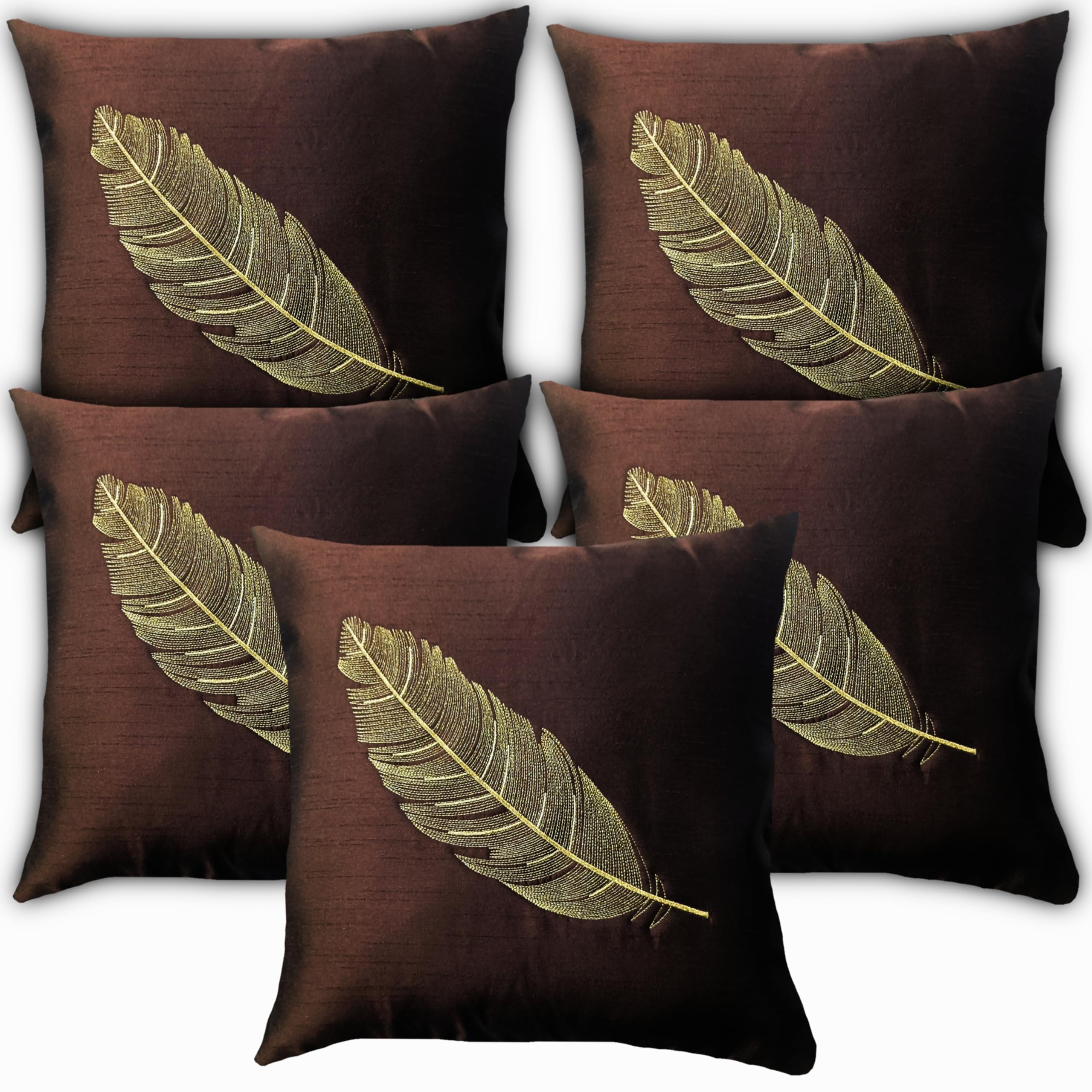 LOFEY Leaf Embroidery Silk Cushion Covers Set of 5 16x16 Inches (40x40cm) Square Pillow Cases for Sofas, Beds, and Chairs (Brown)-image-10