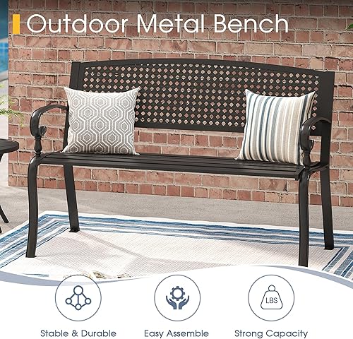 Miniatura 3 de VICLLAX Banco de jardín para exteriores, banco de metal de 47 pulgadas, marco de acero con respaldo de listones y asiento para porche, césped,