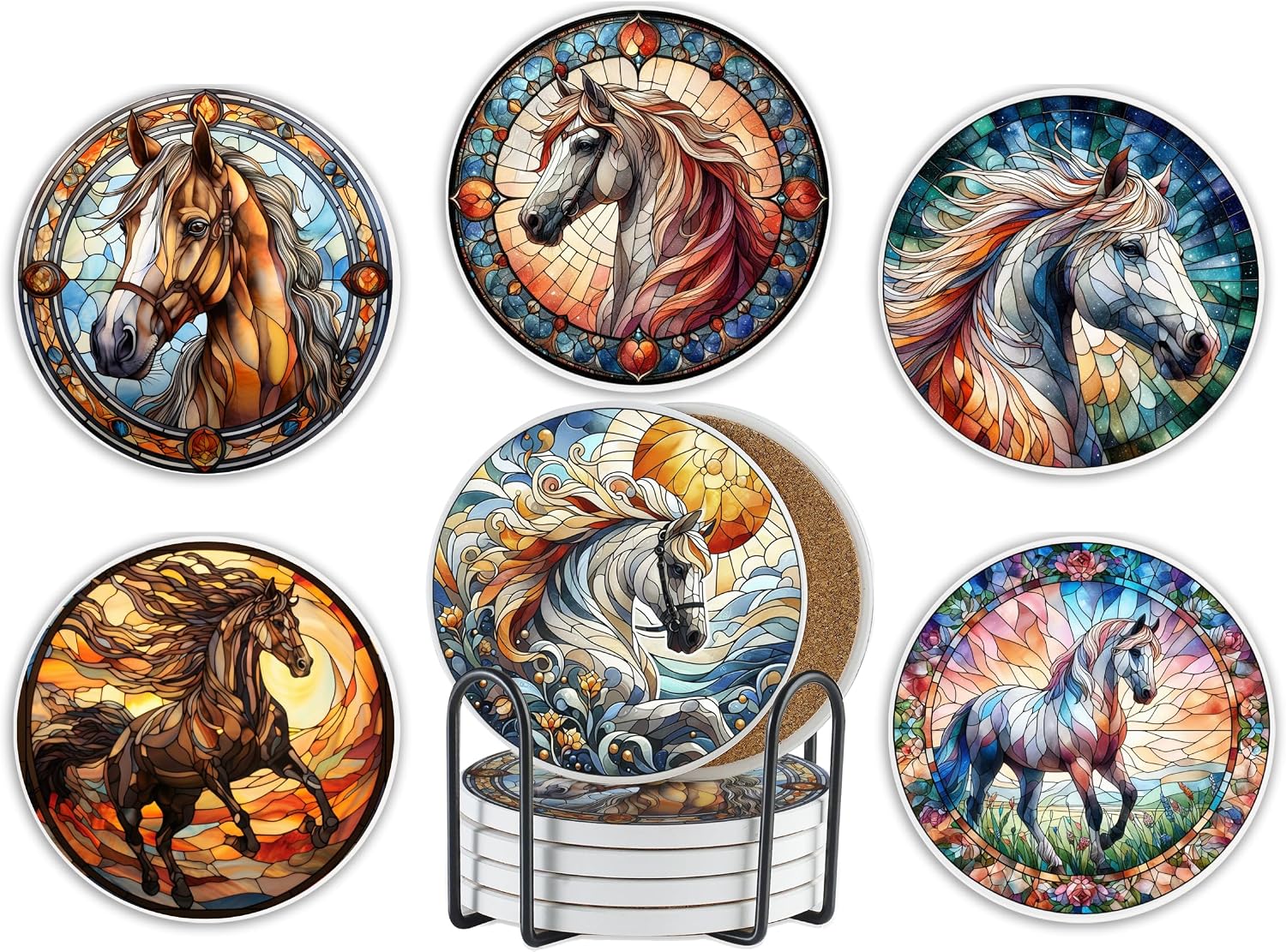 Onebttl Horse Gifts for Horse Lovers - Horse Theme Coaster Set of 6, Bar Coasters, Stained Glass Style