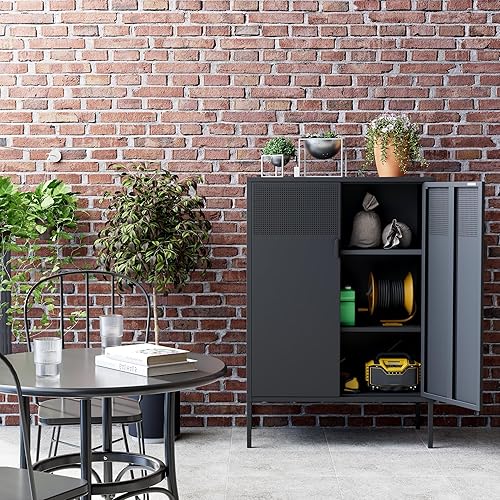Miniatura 6 de Armario de almacenamiento de metal negro, armario de almacenamiento de casillero de metal con puertas y estantes, armario de almacenamiento