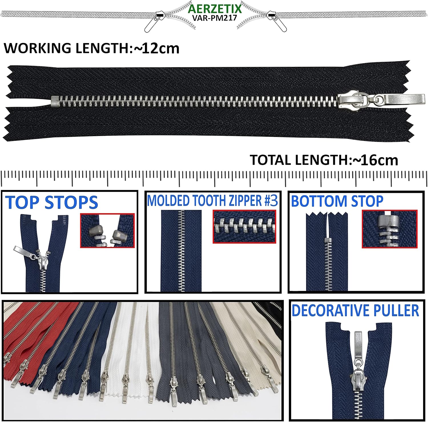 AERZETIX - C64664 – Set of 2 No. 3 Metallic Zippers 12 cm Non-Separable Chrome – Decorative Pull – Colour: Black – Mesh Slider Haberdashery Garment Sewing