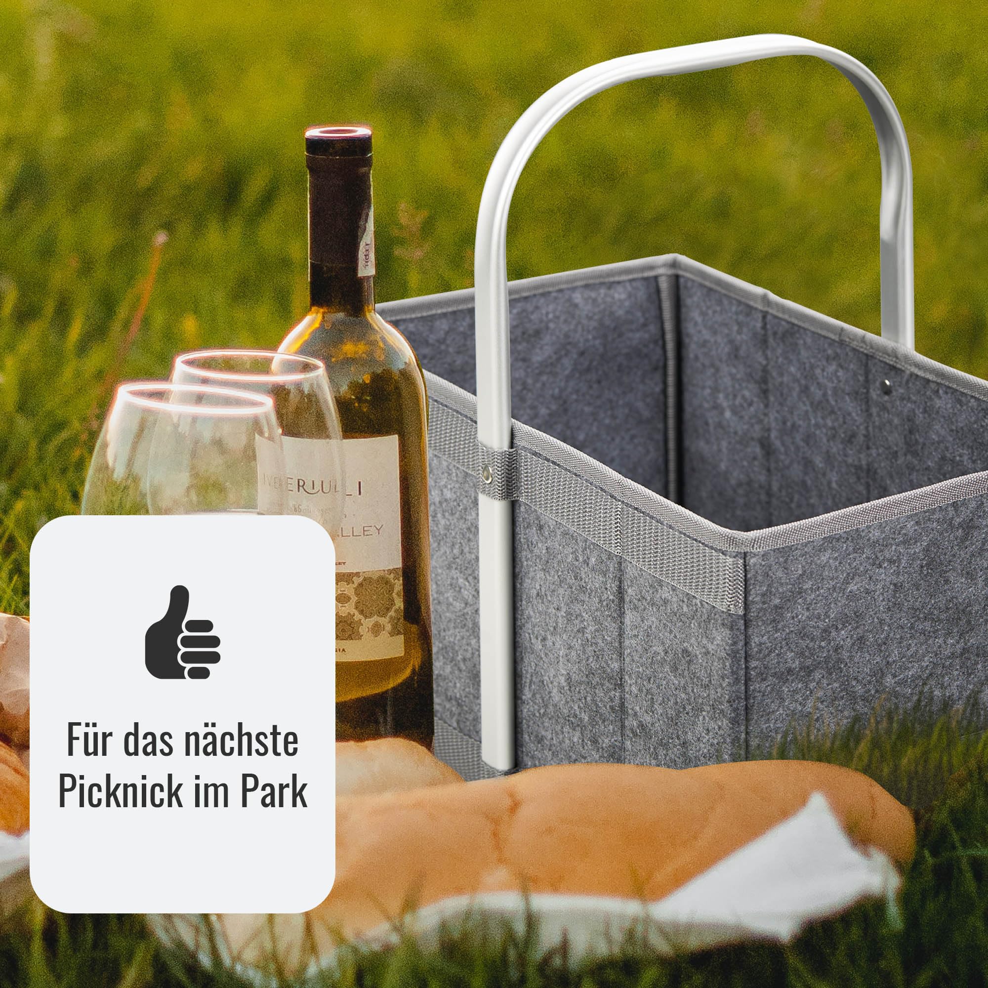 achilles Składany kosz na zakupy z filcu – składany kosz do noszenia z aluminiowym uchwytem – lekki i wytrzymały – kompaktowa torba na zakupy – 40 x 24 x 20 cm – szary