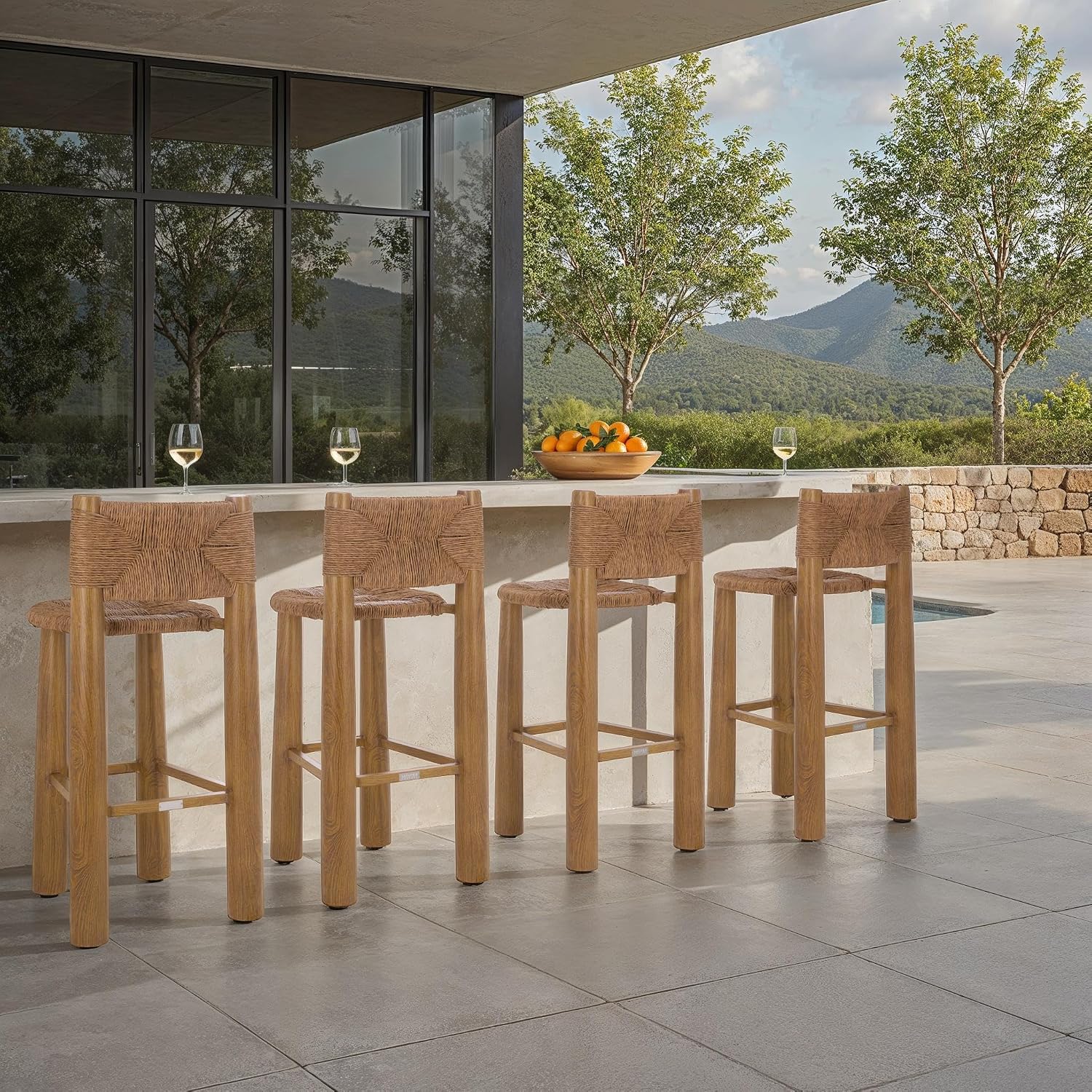 SAFAVIEH Couture Outdoor Patio Furniture Collection - Romona Tropical Bar Stool Set of 2, Brown Woven Rattan Design, 30-Inch, Fully Assembled (CPT4001B)