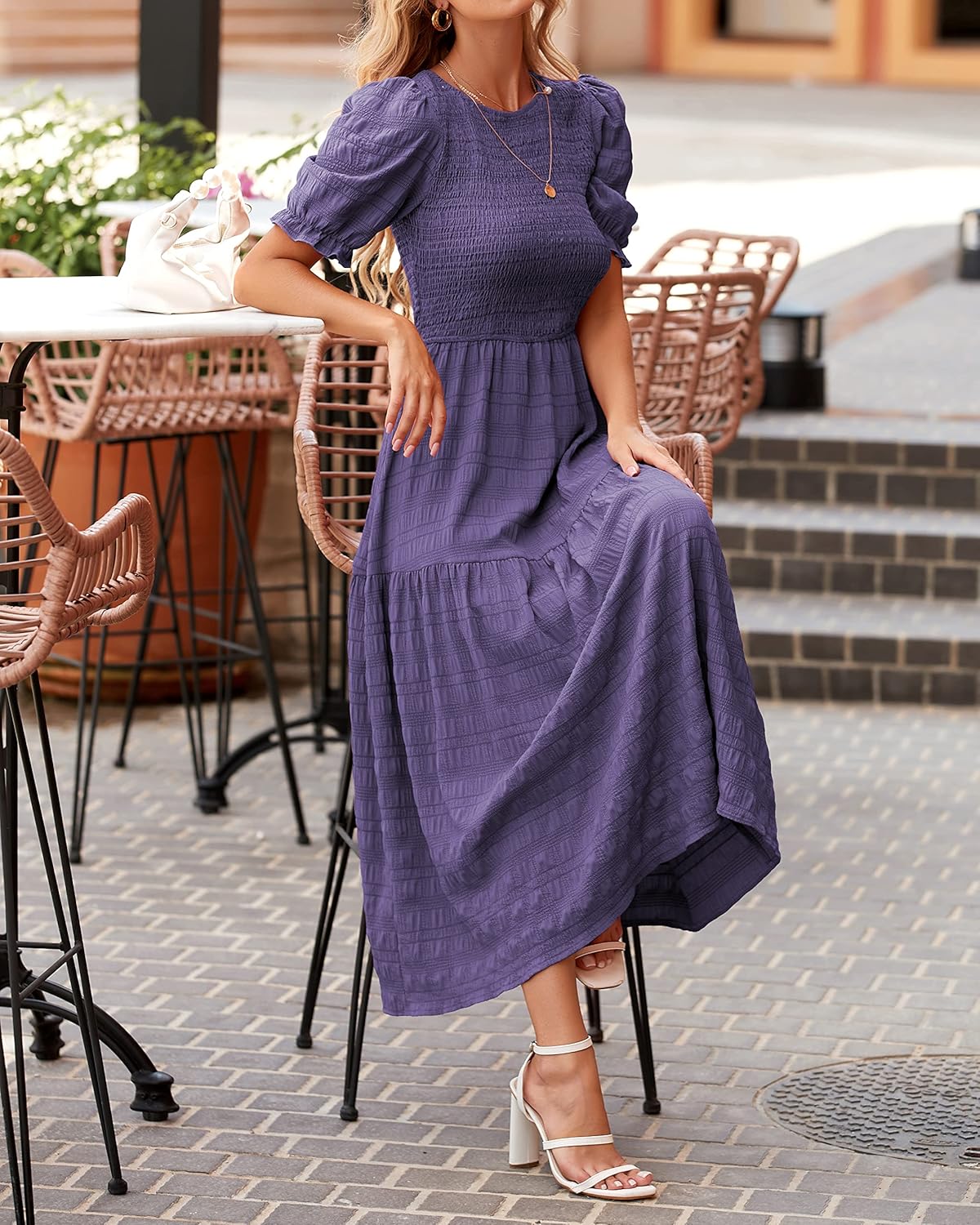 dowerme Womens Summer Dresses 2026 Casual Puff Short Sleeve Crewneck Smocked Flowy Ruffle Boho Beach Party Maxi Sundress