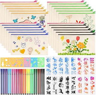 Wusboo 24 piezas con 24 lápices de colores y 3 plantillas para colorear, neceser DIY para colorear, bolsa con cremallera, set creativo para fiestas de cumpleaños infantiles, DIY Blanko Stoffbeutel