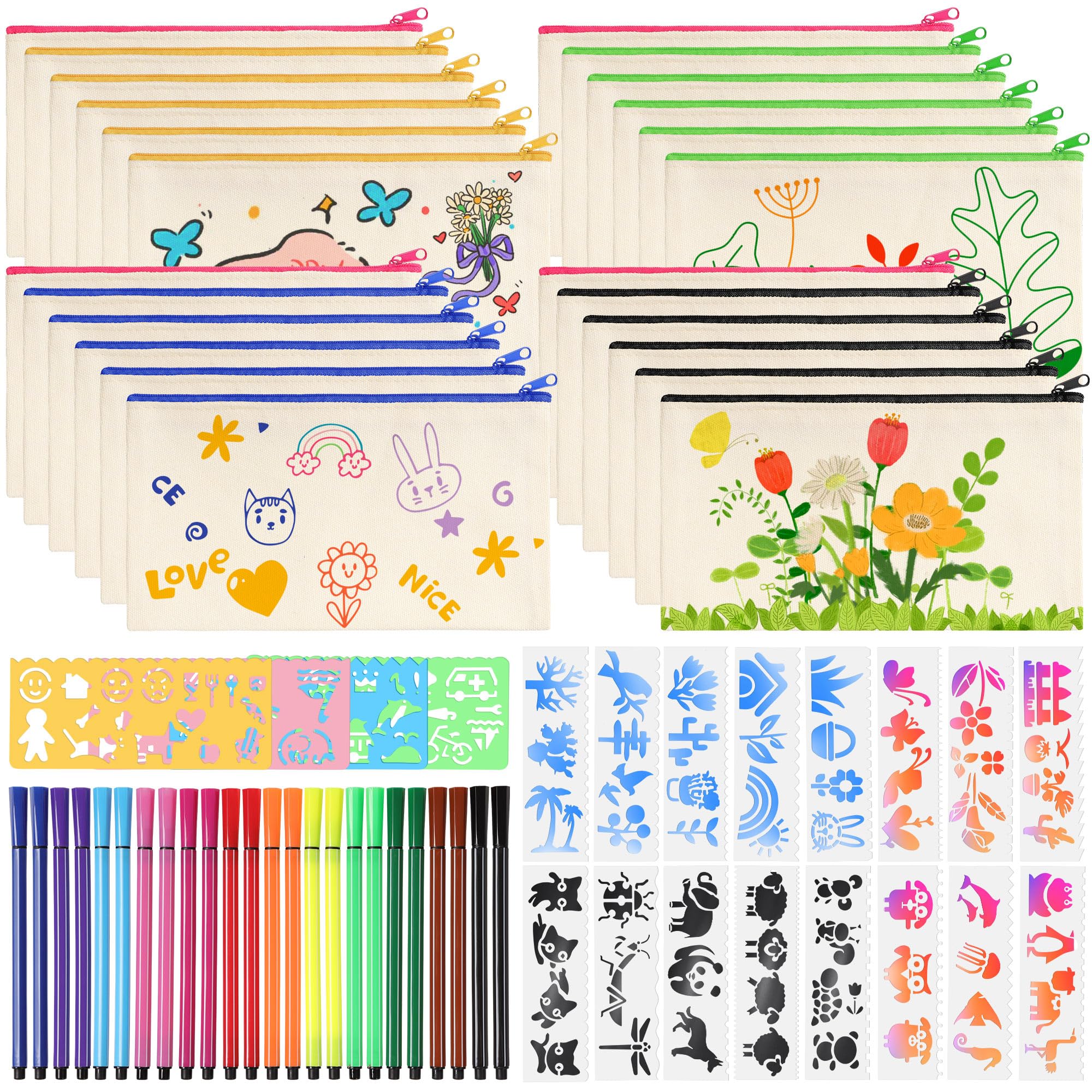 24 Unidades de lápices de Tela para Manualidades, Estuche de Lona para Pintar, 24 lápices de Colores, 20 Plantillas de Pintura DIY, Bolsa de Tela en Blanco para Bolsa de cosméticos para Pintar