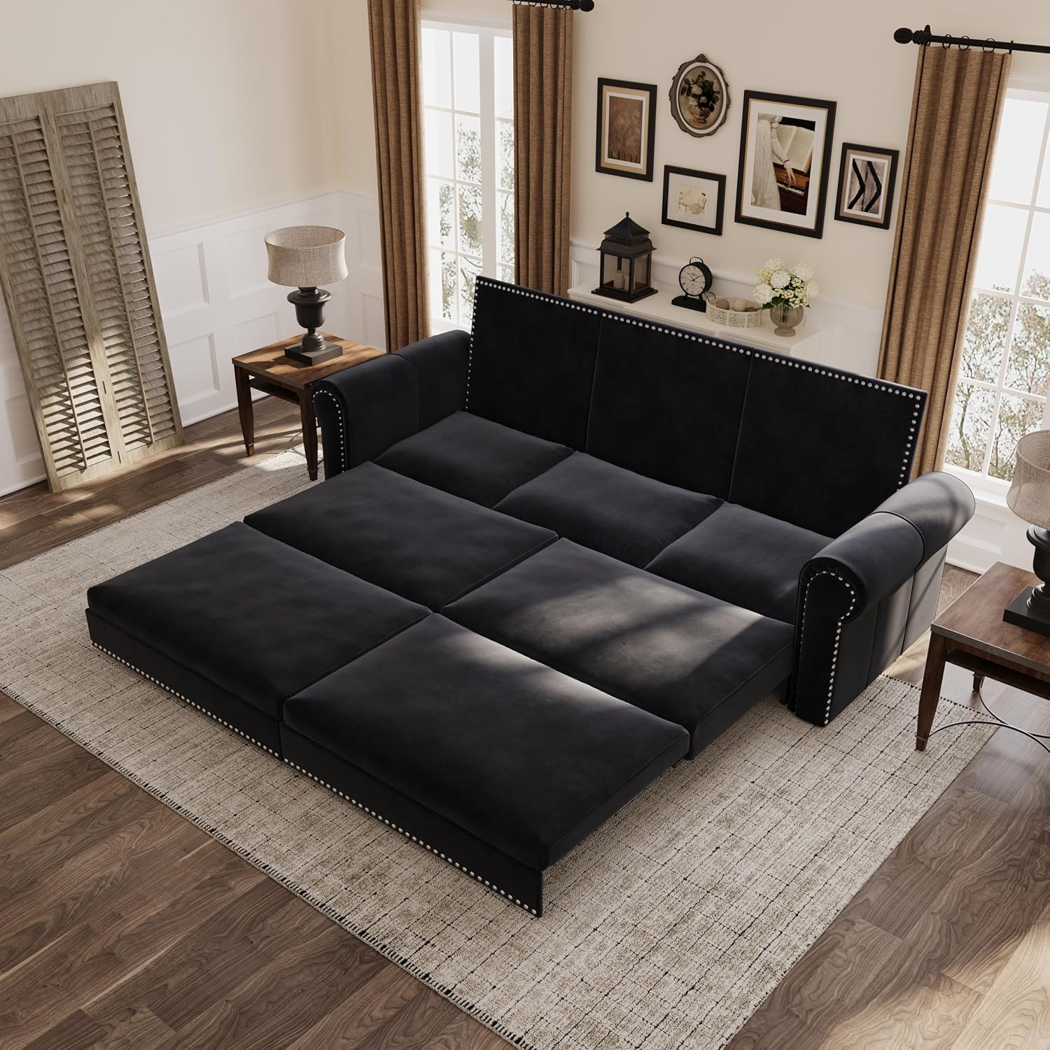 Deolme King Size Pull Out Sofa Bed, Luxury 3 in 1 Convertible Sleeper Sofa with Comfy Velvet Loveseat, Easy Pullout Futon Couch Bed for Living Room, Guest Room, Apartment, RV (Black, 93.7 Inch)