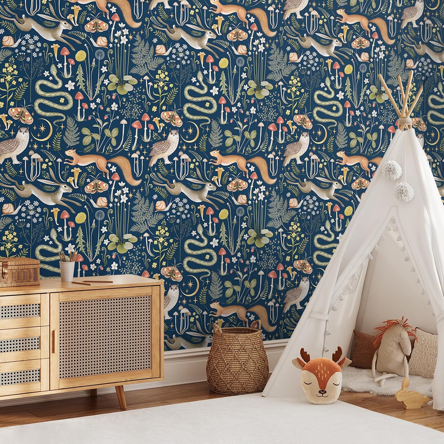 VEELIKE Deep Navy Fairy Forest Wallpaper Peel and Stick Boho Mushroom Wallpaper for Nursery Bedroom 17.7''x118'' Self Adhesive Whimsical Woodland Forest Wall Mural Contact Paper for Cabinets Shelves
