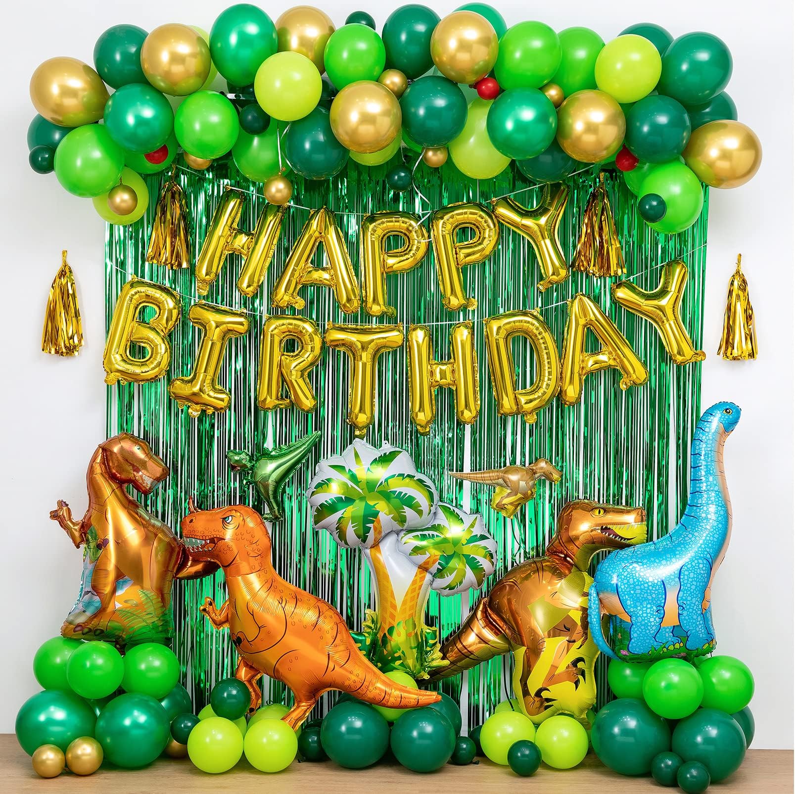 Dinosaur Birthday Party Decorations&Balloons Arch Garland Kit(Gold,Green),Dinosaurs Balloons,HAPPY BIRTHDAY Balloons,Curtains,for Dino Themed Kid's Party,Shower,Celebration.