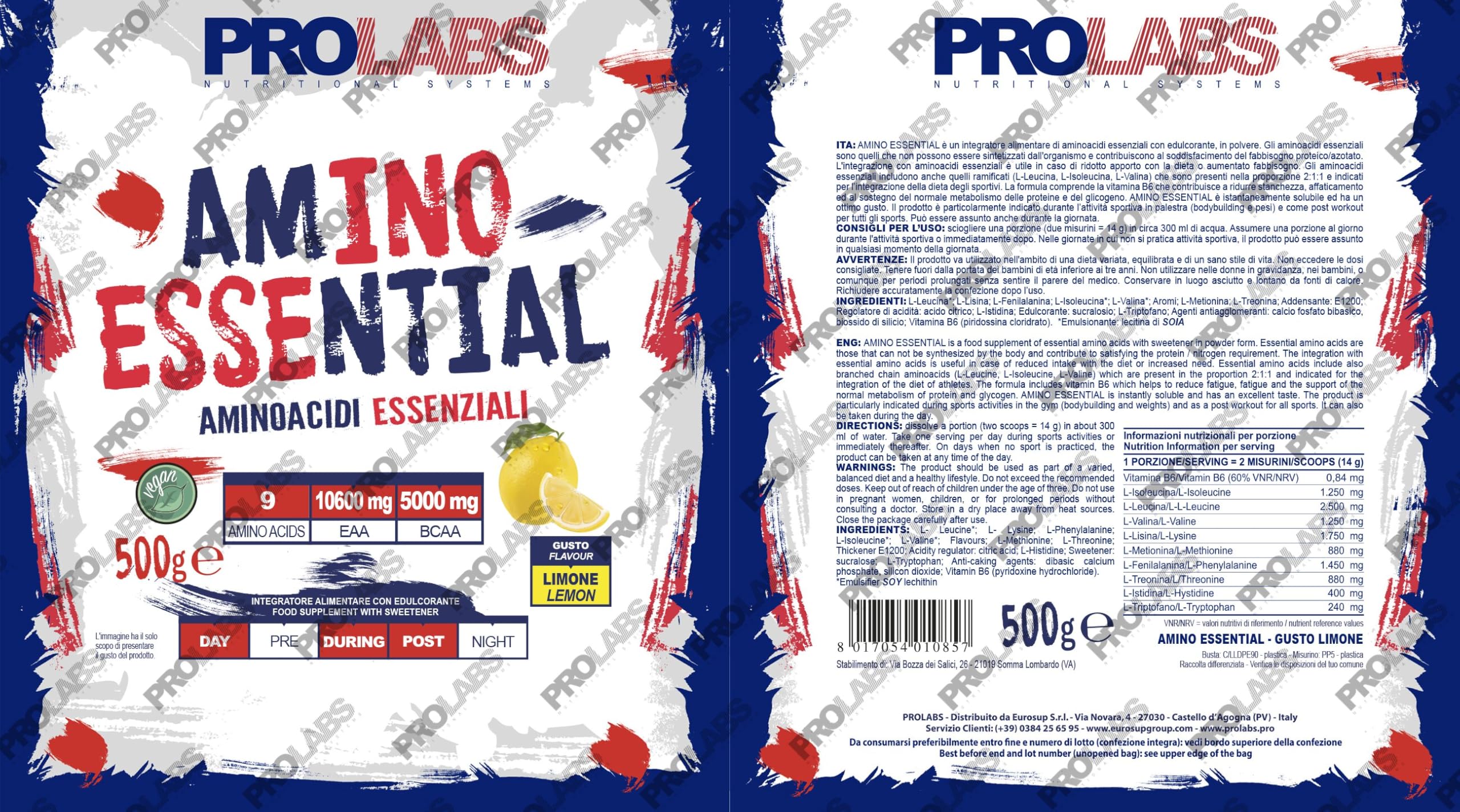 PROLABS – EAA Aminoacidi Essenziali AMINO ESSENTIAL Fermentati Polvere 100% Veg con BCAA Ramificati 2:1:1 e Vitamina B6, Amminoacidi Essenziali Post Intra Workout, Integratore per Sportivi 500g Limone