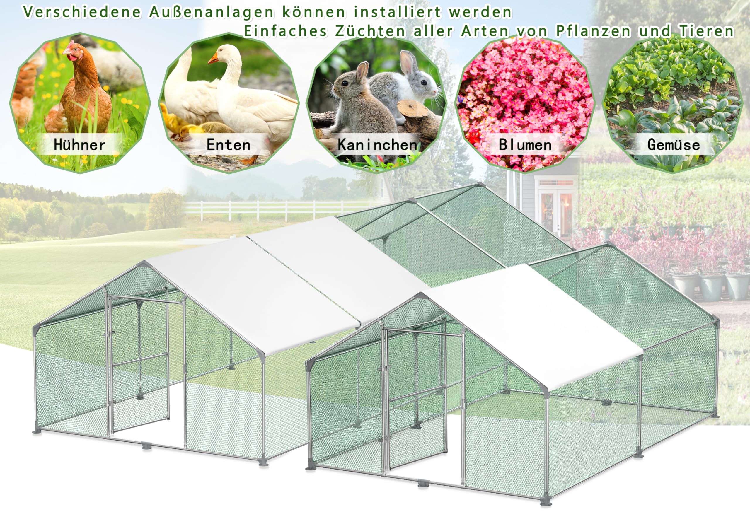 HENGMEI Pollaio 3x8x2m con recinto esterno, gabbie per piccoli animali, pollaio in acciaio zincato con tetto in PE, recinto esterno con serratura, gabbia per pollame